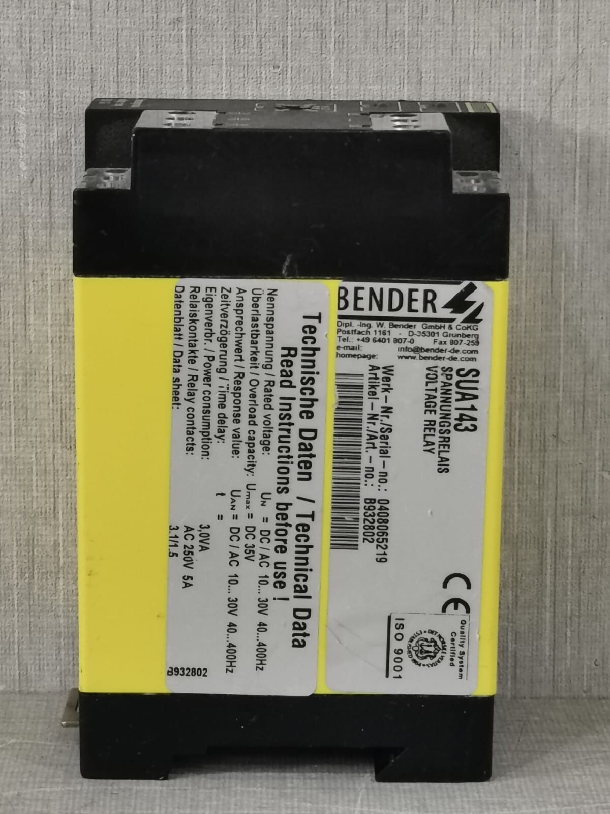 BENDER B932802 BENDER SUA143 B932802 VOLTAGE RELAY 5