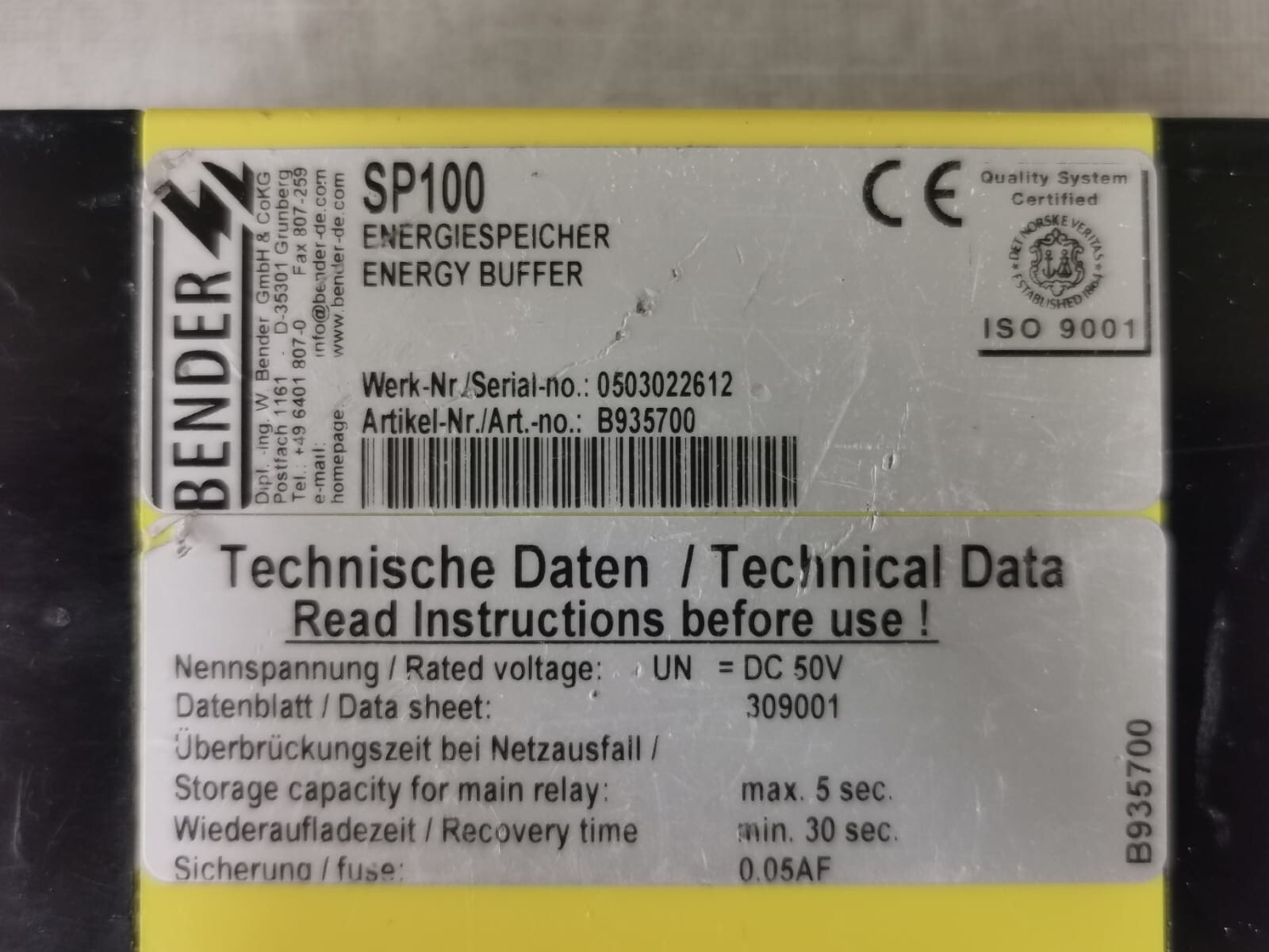 BENDER B935700 BENDER SP100 B935700 ENERGY BUFFER 4