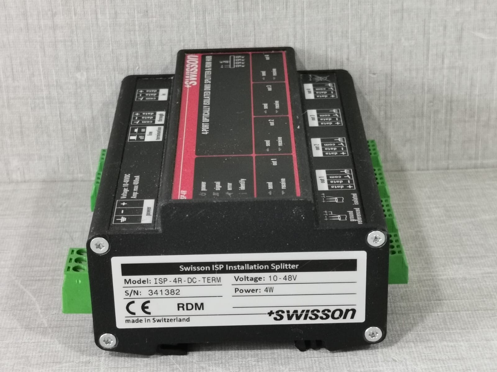 SWISSON ISP-4R-DC-TERM SWISSON ISP-4R-DC-TERM 4-PORT OPTICALLY ISOLATED DMX SPLITTER & RDM HUB 4W 6