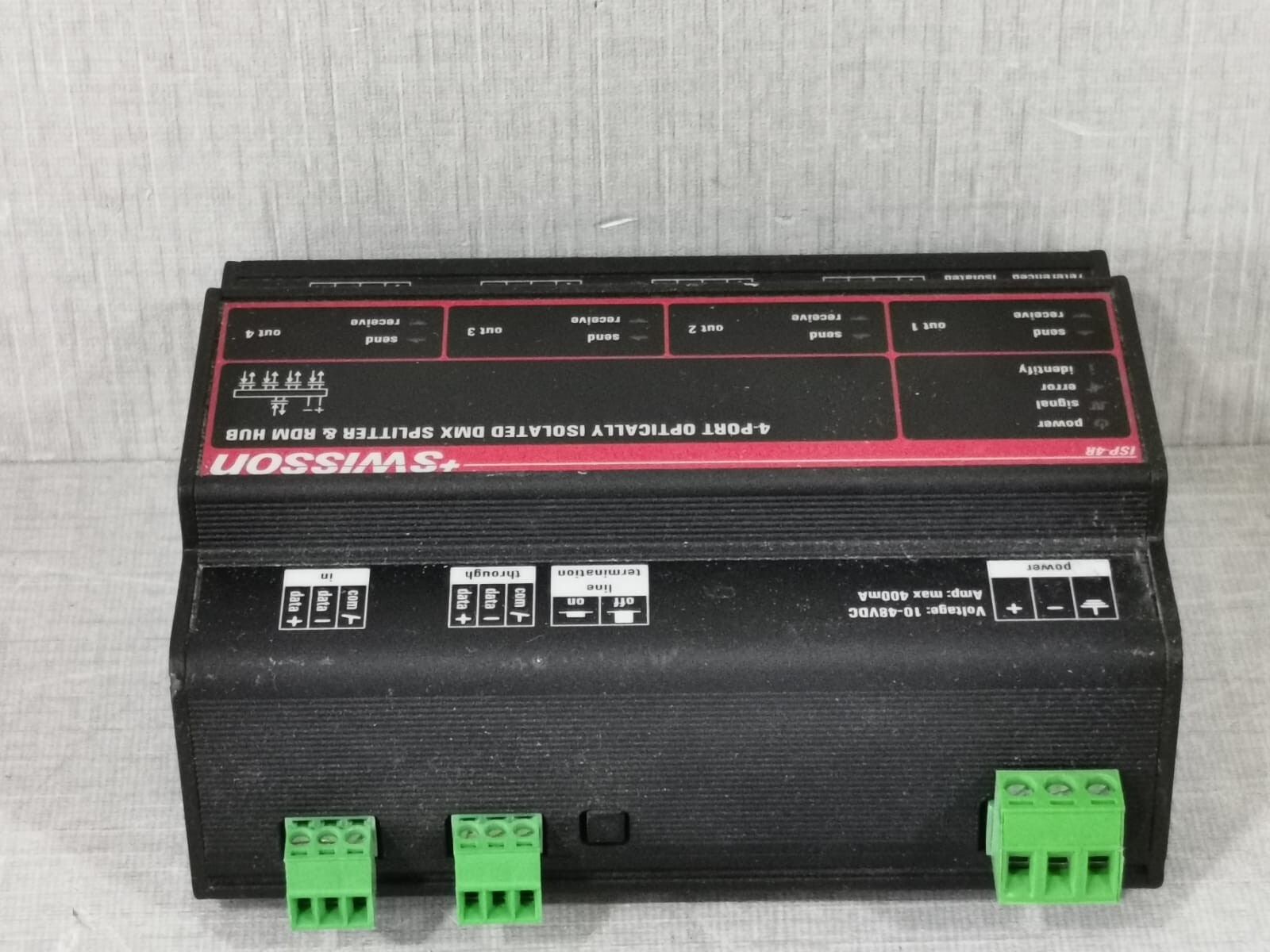 SWISSON ISP-4R-DC-TERM SWISSON ISP-4R-DC-TERM 4-PORT OPTICALLY ISOLATED DMX SPLITTER & RDM HUB 4W 8
