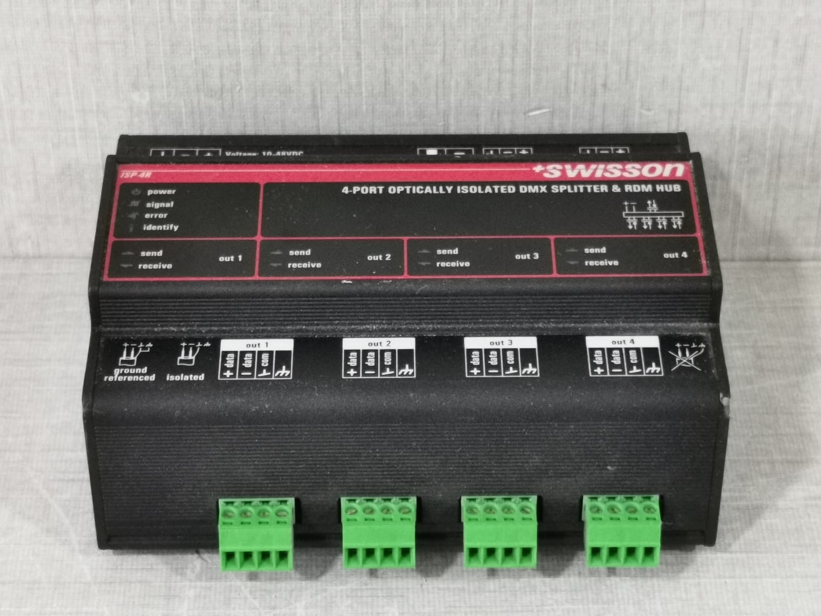 SWISSON ISP-4R-DC-TERM SWISSON ISP-4R-DC-TERM 4-PORT OPTICALLY ISOLATED DMX SPLITTER & RDM HUB 4W 9