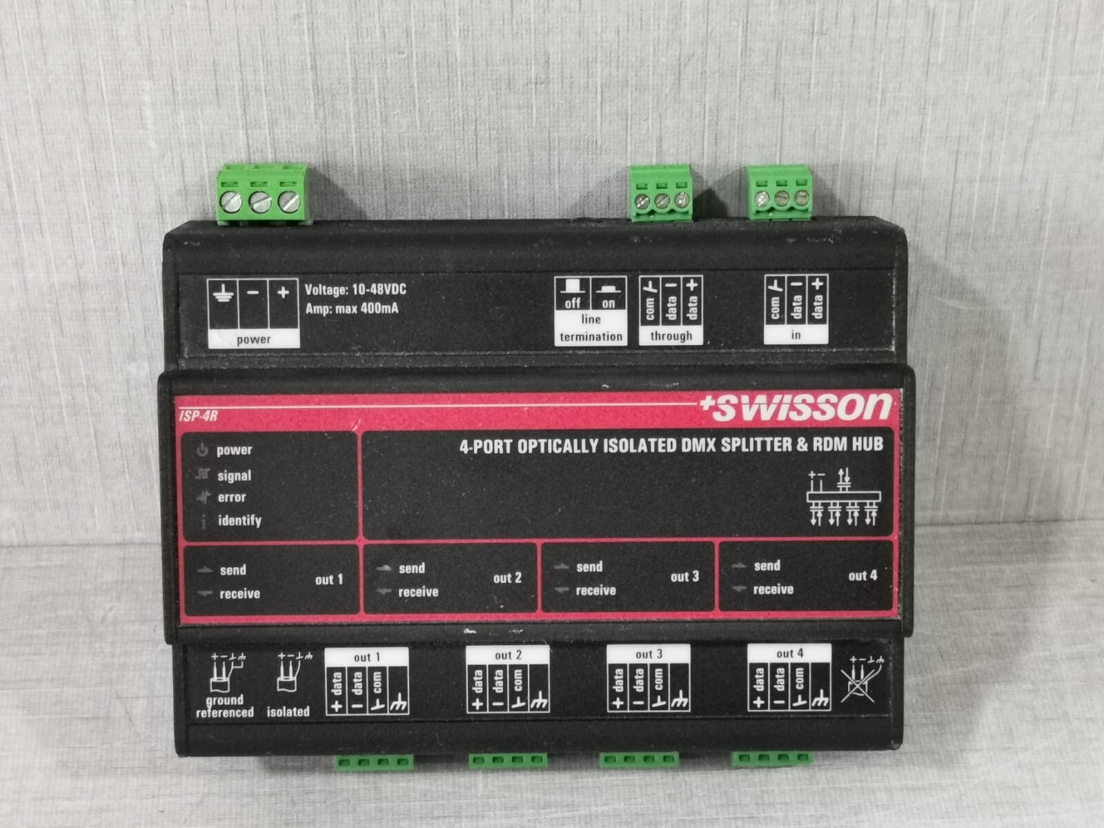SWISSON ISP-4R-DC-TERM 4-PORT OPTICALLY ISOLATED DMX SPLITTER & RDM HUB 4W