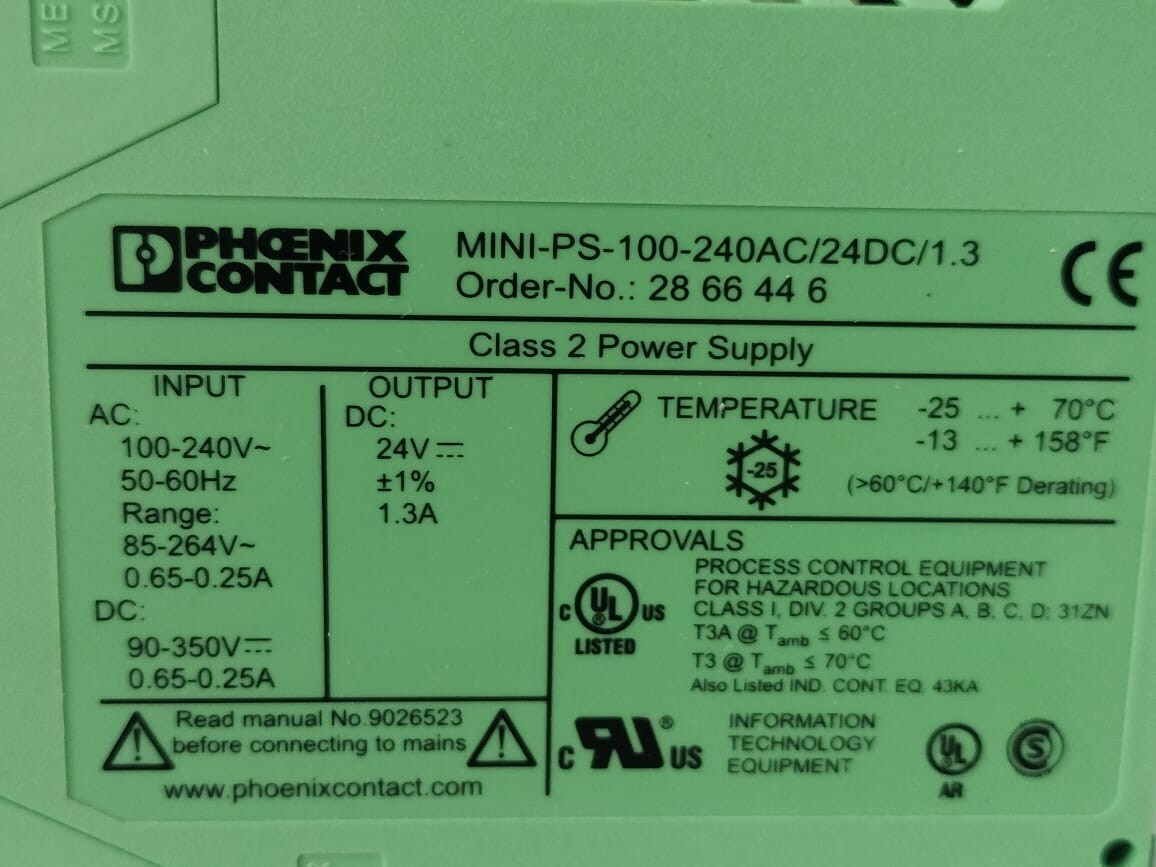 Phoenix Contact MINI-PS-100-240AC/24DC/1.3 PHOENIX CONTACT MINI-PS-100-240AC/24DC/1.3 CLASS POWER SUPPLY- W/ FILTHY BOX 7