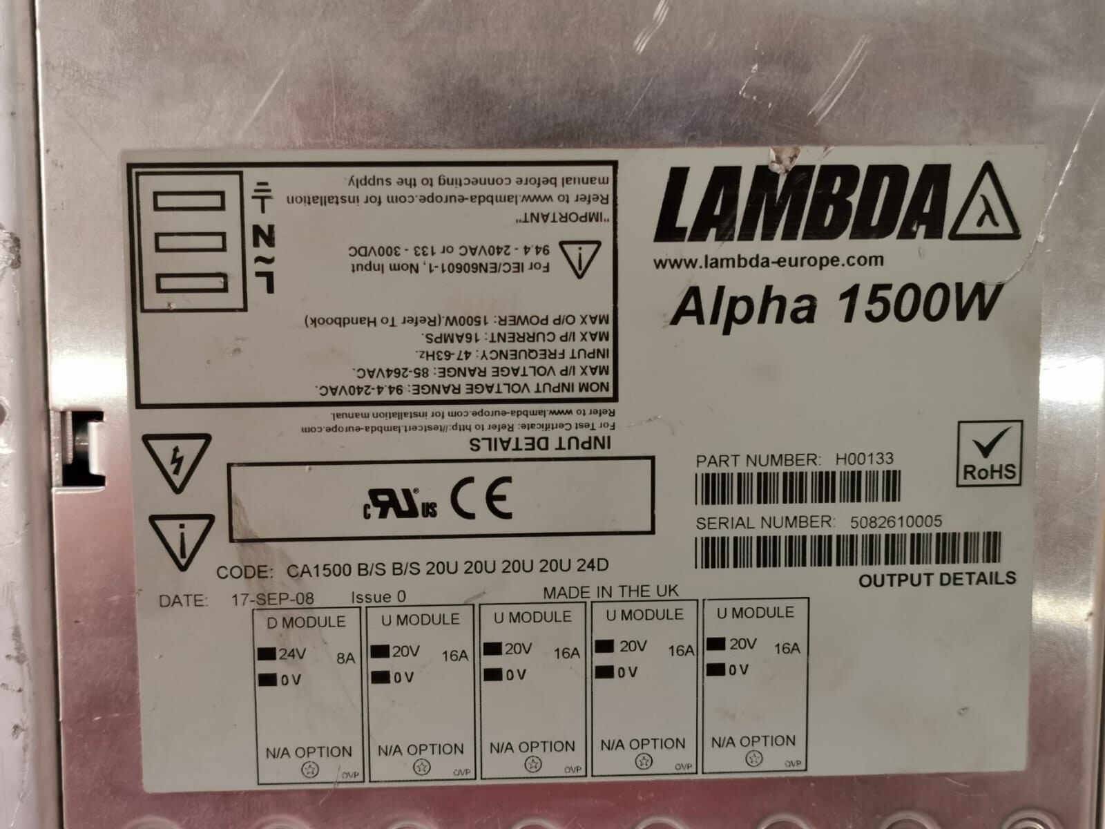 TDK-Lambda H00133 LAMBDA Alpha 1500W Part No: H00133 Power Supply 2