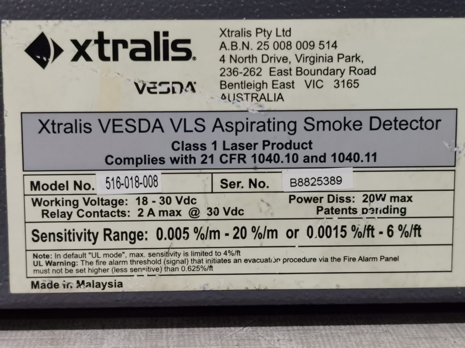 Vesda 516-018-008 Xtralis VESDA VLS Aspirating Detector 516-018-008 - NO COVER 10