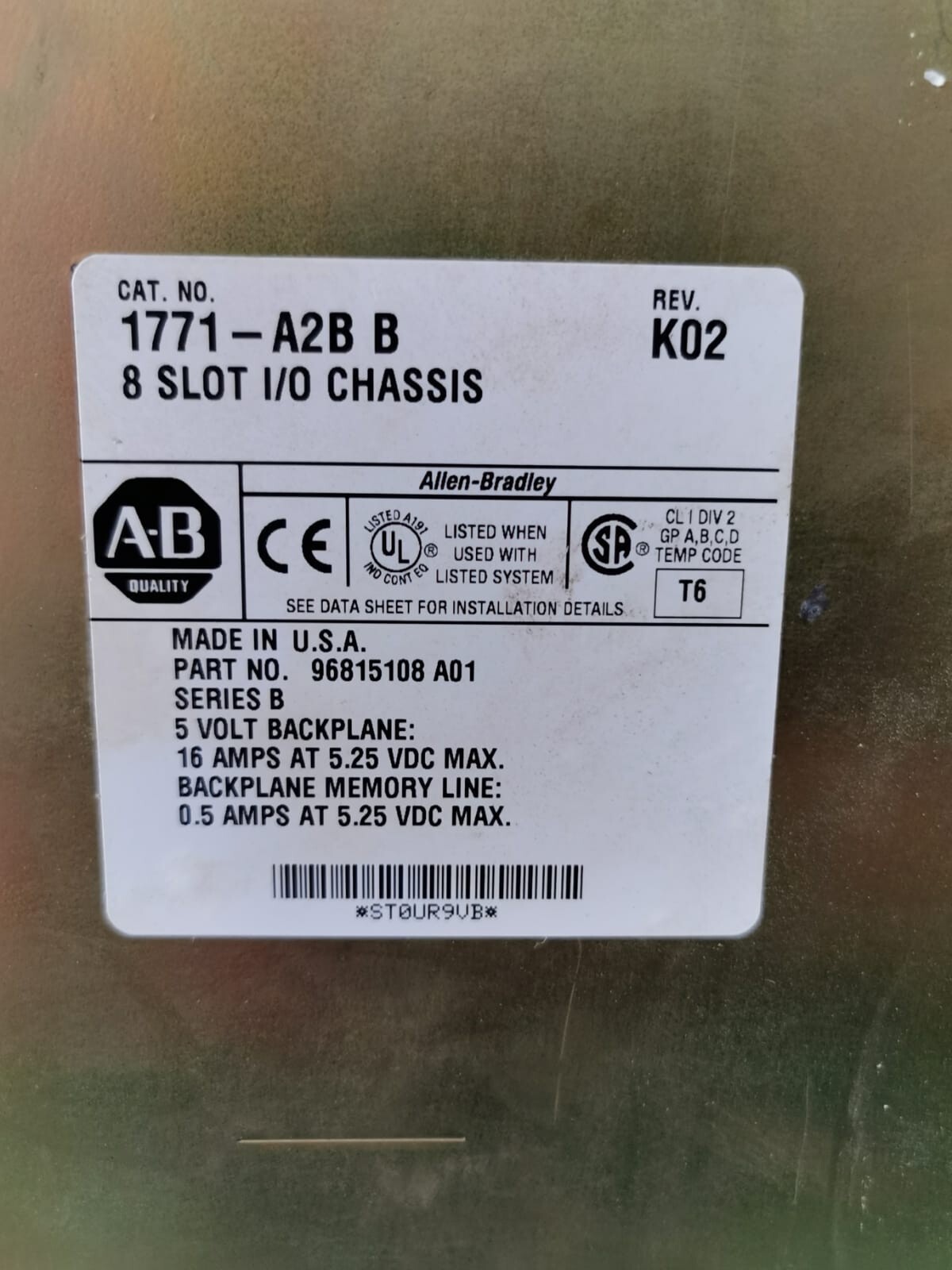Allen-Bradley 96815108 A01 Allen Bradley 1771-A2B B 8-Slot I/O Chassis WITH 1771-P7 D Power Supply 2