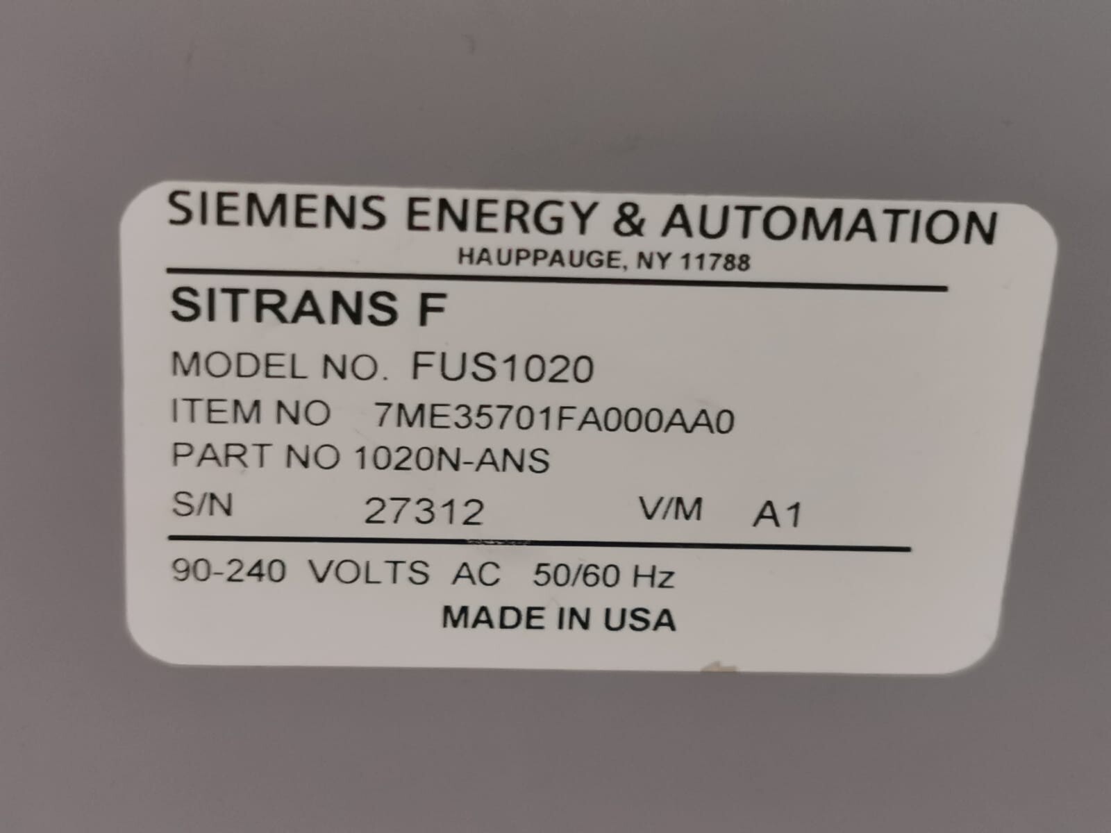 Siemens FUS1020 FUS1020 SIEMENS SITRANS F ULTRASONIC FLOWMETER P/N: 1020N-ANS 2