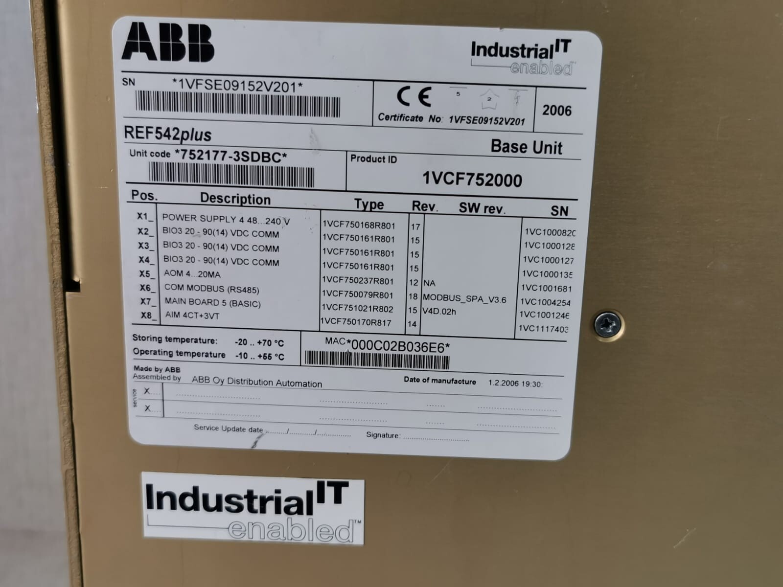ABB 1VFSE09152V201 ABB REF542PLUS 1VFSE09152V201/ 1VCF752000 BASE UNIT - UNIT ONLY 5