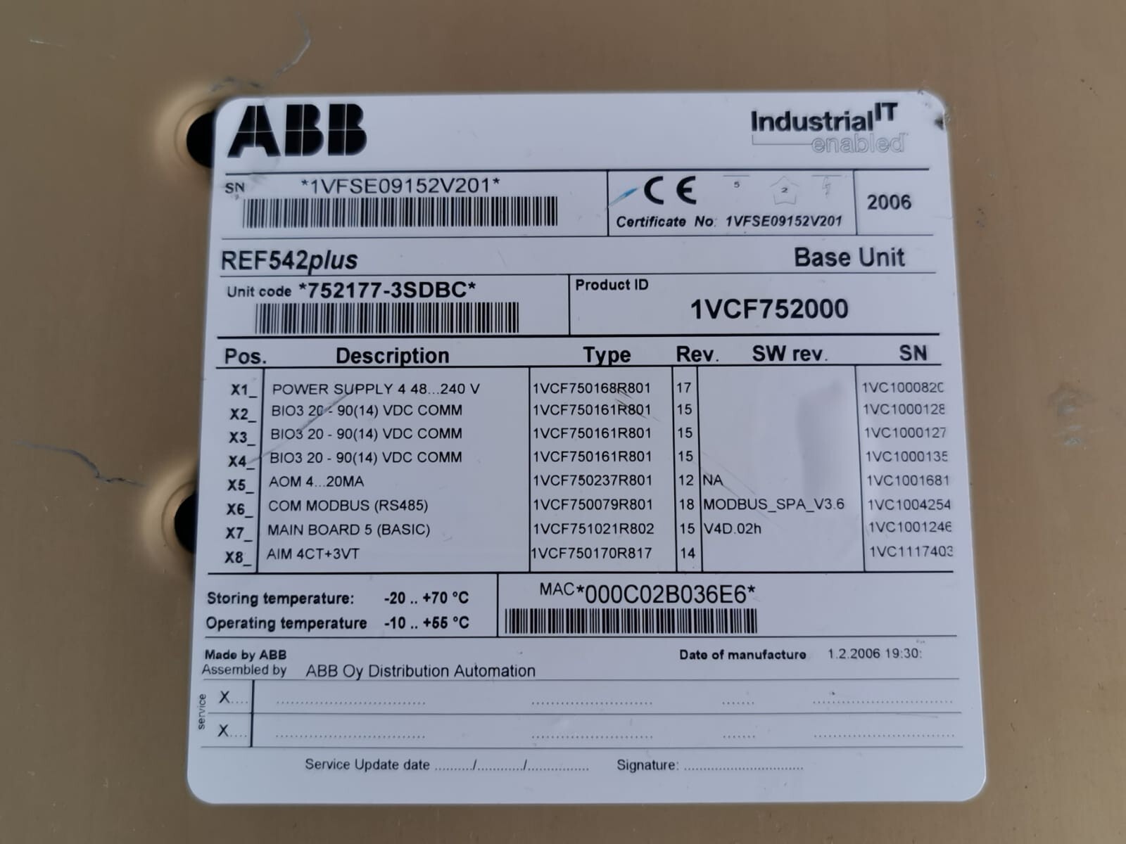 ABB 1VFSE09152V201 ABB REF542PLUS 1VFSE09152V201/ 1VCF752000 BASE UNIT - UNIT ONLY 7