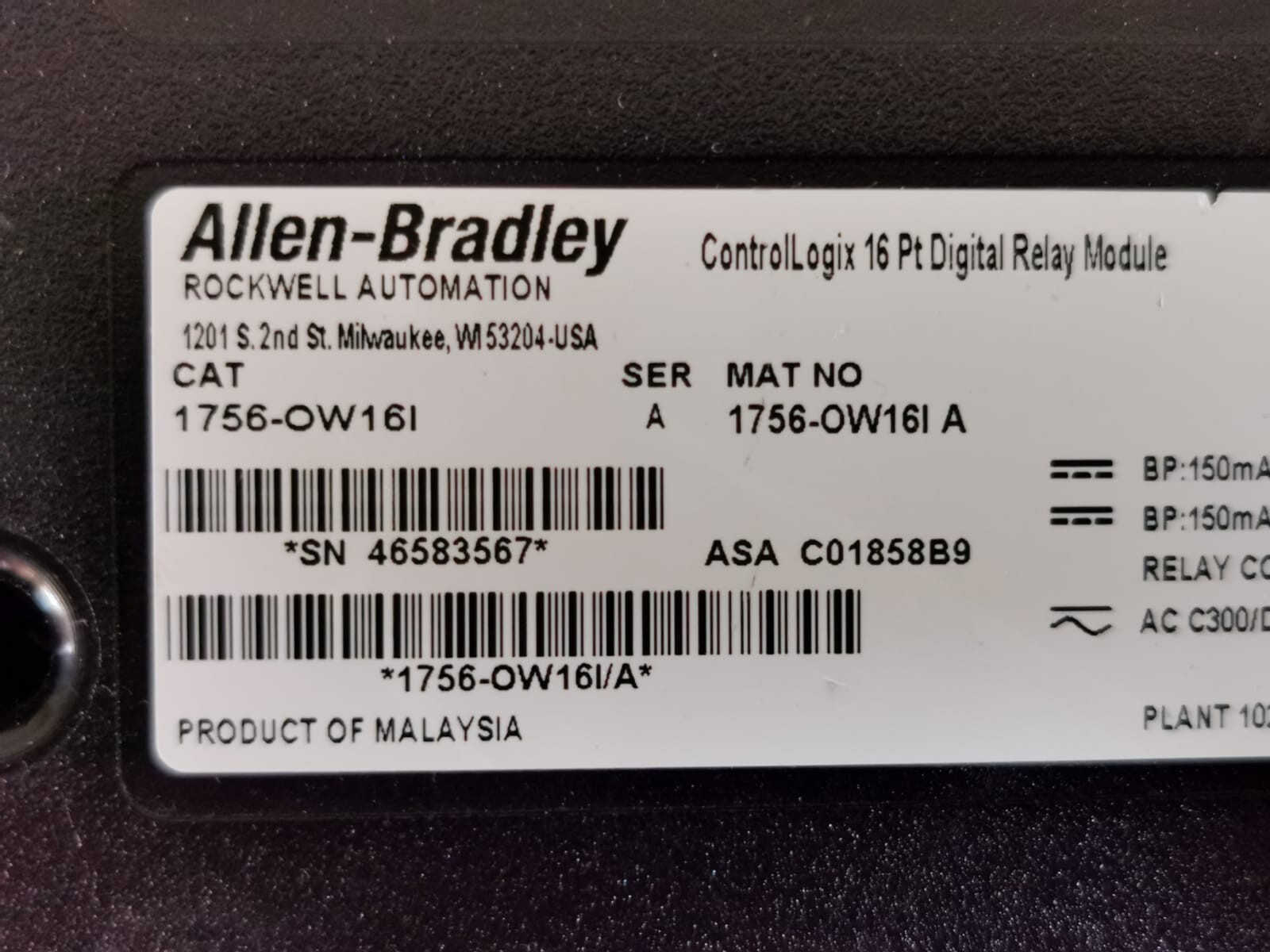 Rockwell Automation 1756-OW161 Allen Bradley 1756-OW161/A Ser. A ControlLogix 16Pt Digital Relay Module 2