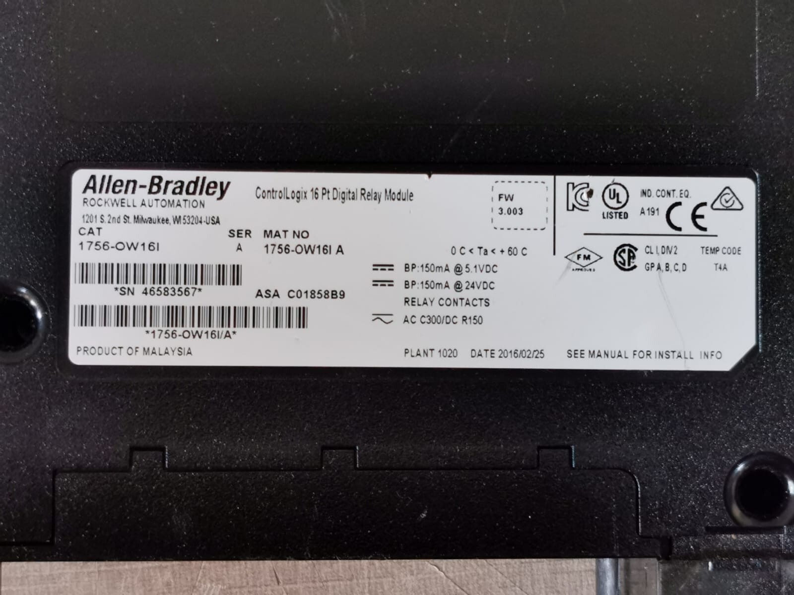 Rockwell Automation 1756-OW161 Allen Bradley 1756-OW161/A Ser. A ControlLogix 16Pt Digital Relay Module 4