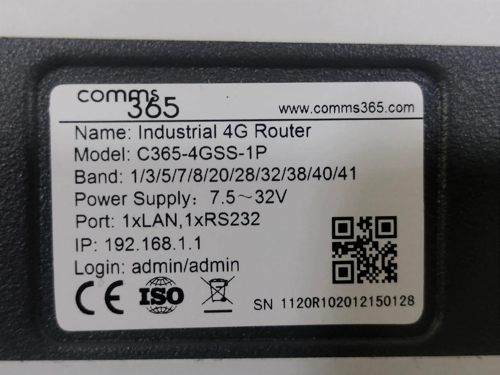 COMMS 36 C365-4GSS-1P COMMS 365 C365-4GSS-1P INDUSTRIAL 4G ROUTER 7.5-32V 9