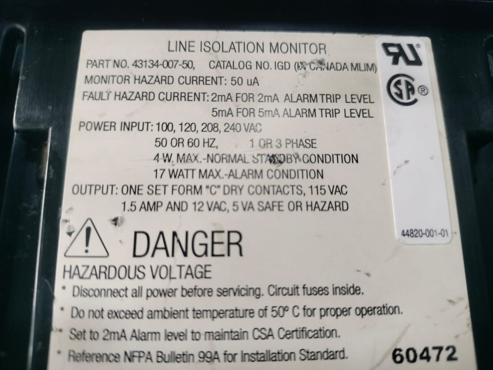Square D 43134-007-50 SQUARE D 43134-007-50 LINE ISOLATION MONITOR ISO-GUARD 6