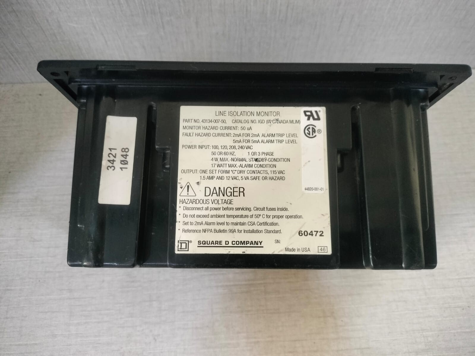 Square D 43134-007-50 SQUARE D 43134-007-50 LINE ISOLATION MONITOR ISO-GUARD 7