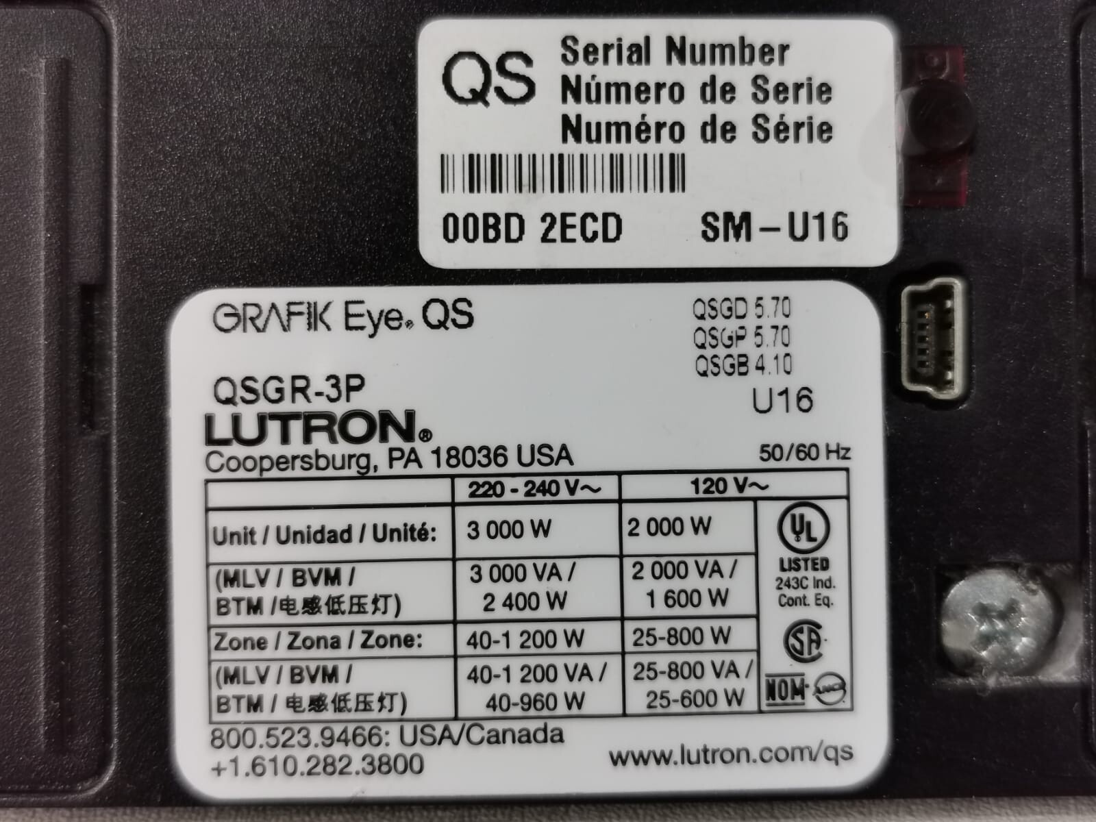 Lutron QSGR-3P LUTRON GRAFIK EYE QS QSGR-3P BASE CONTROL UNIT,3 LIGHTING ZONES-MISSING KEYPAD 4