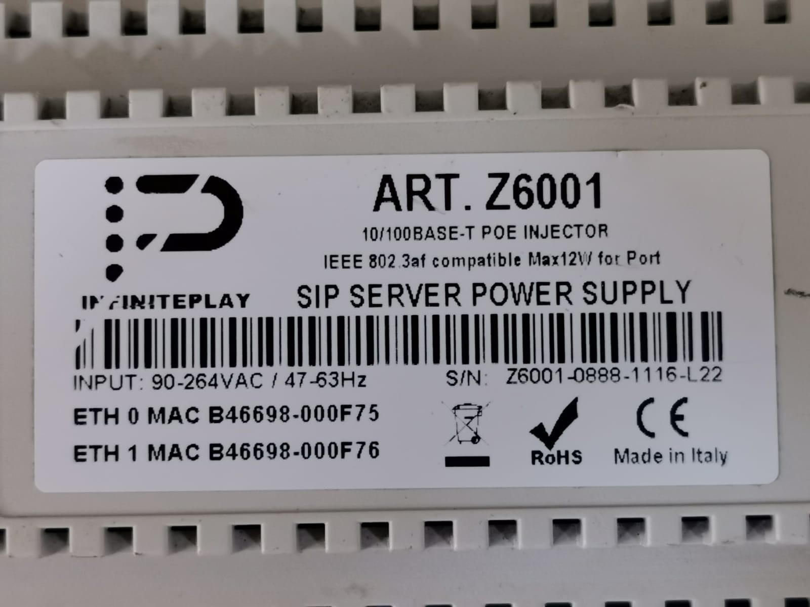 INFINITEPLAY ART.Z6001 / Z6001 SIP SERVER POWER SUPPLY 2
