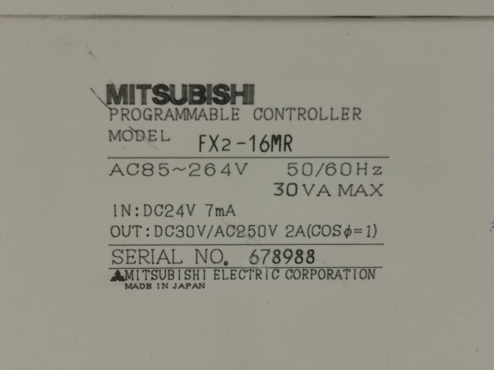 Mitsubishi MELSEC FX2-16MR MITSUBISHI MELSEC FX2-16MR AC85-264V 50-60HZ 30VA MAX PROGRAMMABLE CONTROLLER 4