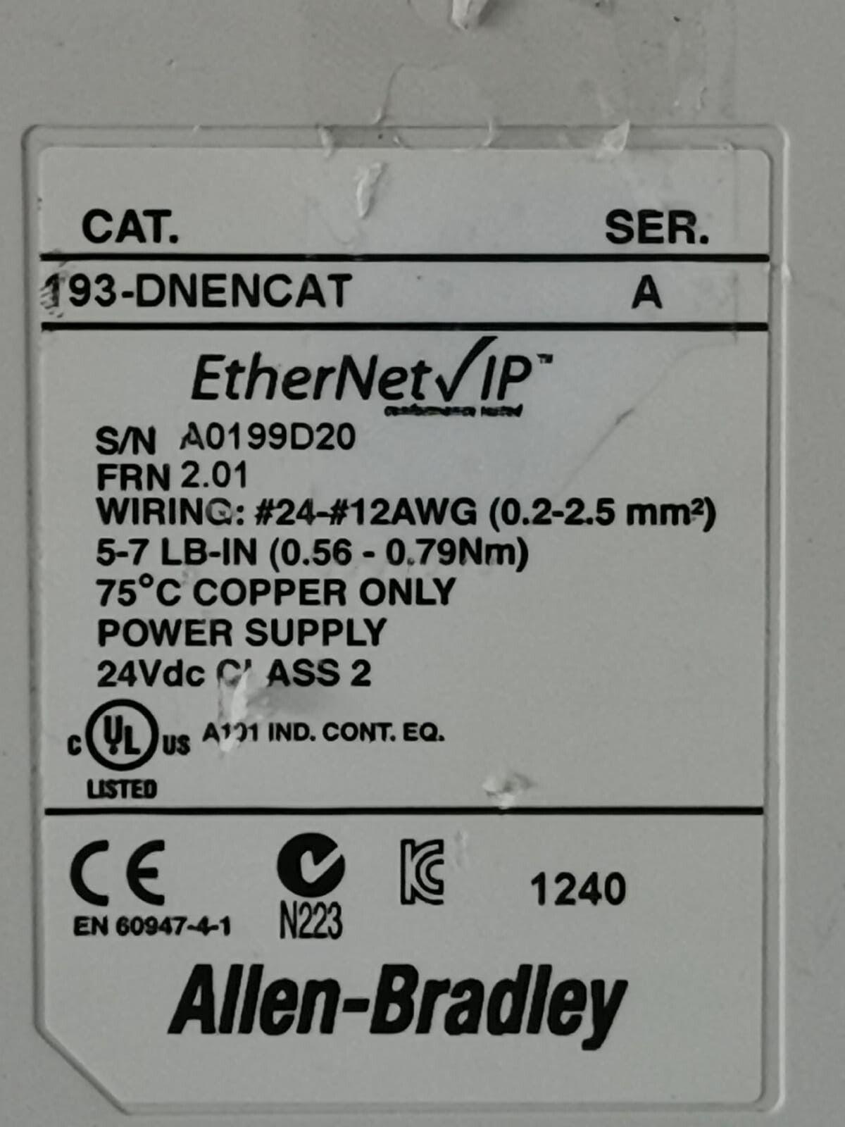 Allen-Bradley 193-DNENCAT Allen-Bradley 193-DNENCAT Ser A FRN from 2.01 to 3.004 Power Supply 2