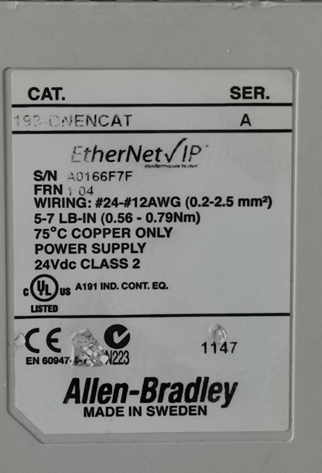 Rockwell Automation ALLEN-BRADLEY Allen-Bradley 193-DNENCAT Ser A FRN 1.04 Power Supply 3