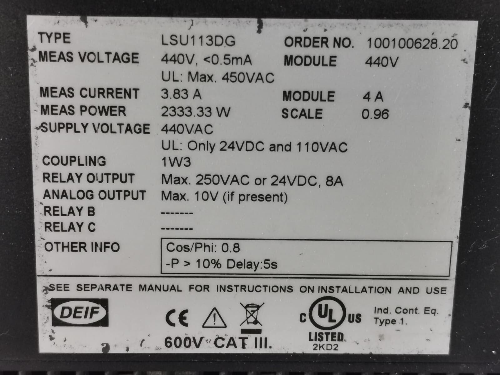 DEIF 100100628.20 DEIF UNI-LINE LSU113DG 100100628.20 LOAD SHARING UNIT 440V 5