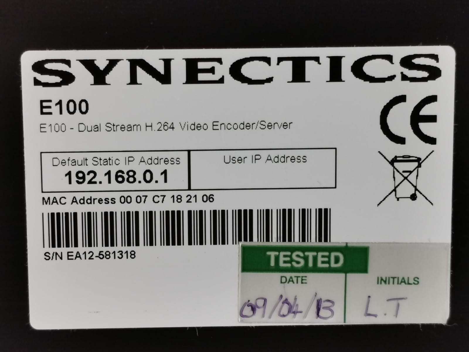 SYNECTICS E100 SYNECTICS E100 DUALSTREAM H.264 VIDEO ENCODER/ SERVER 6