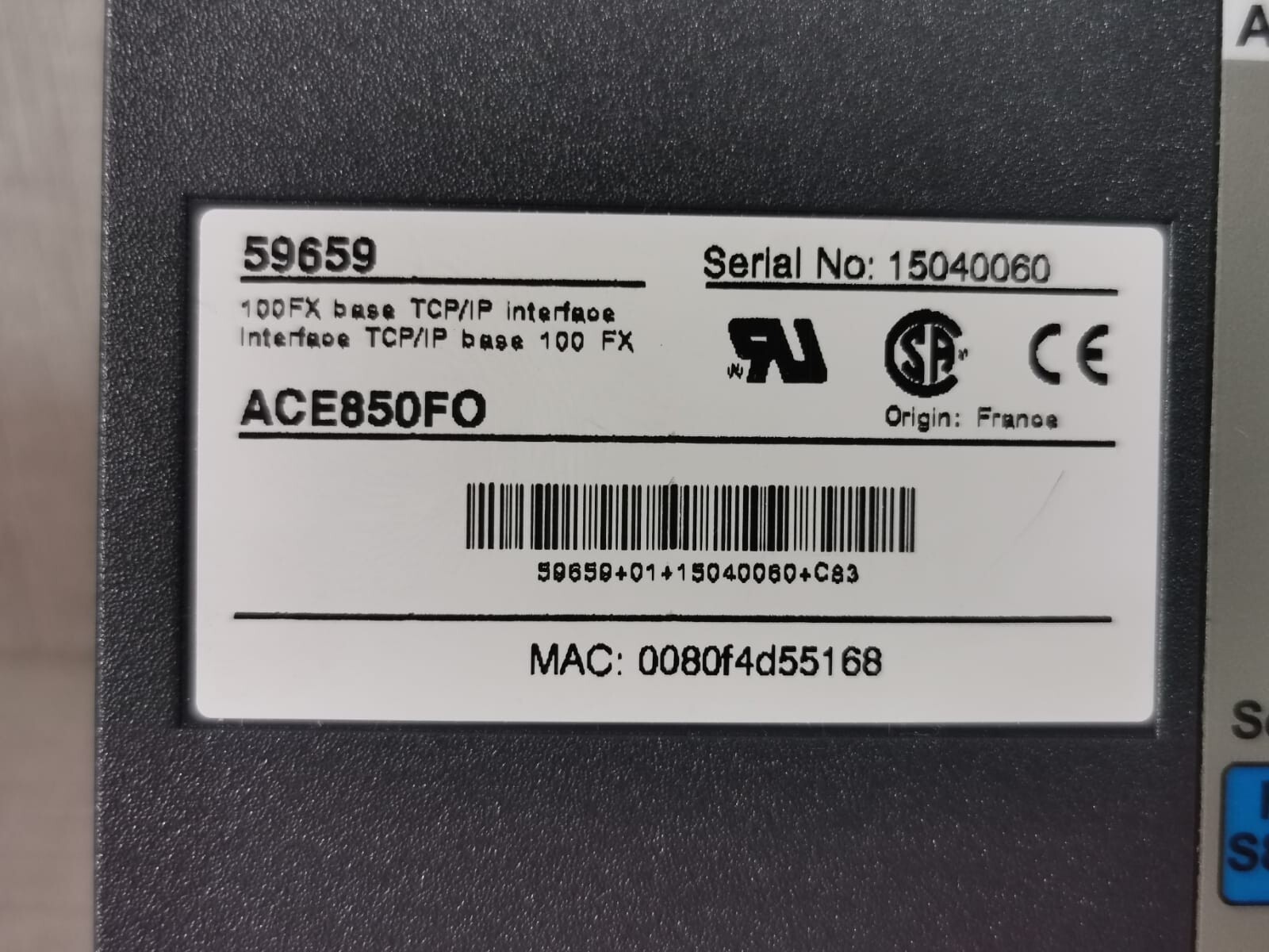 Schneider Electric ACE850FO SCHNEIDER ELECTRIC ACE850FO 59659 100FX BASE TCP/IP INTERFACE 8