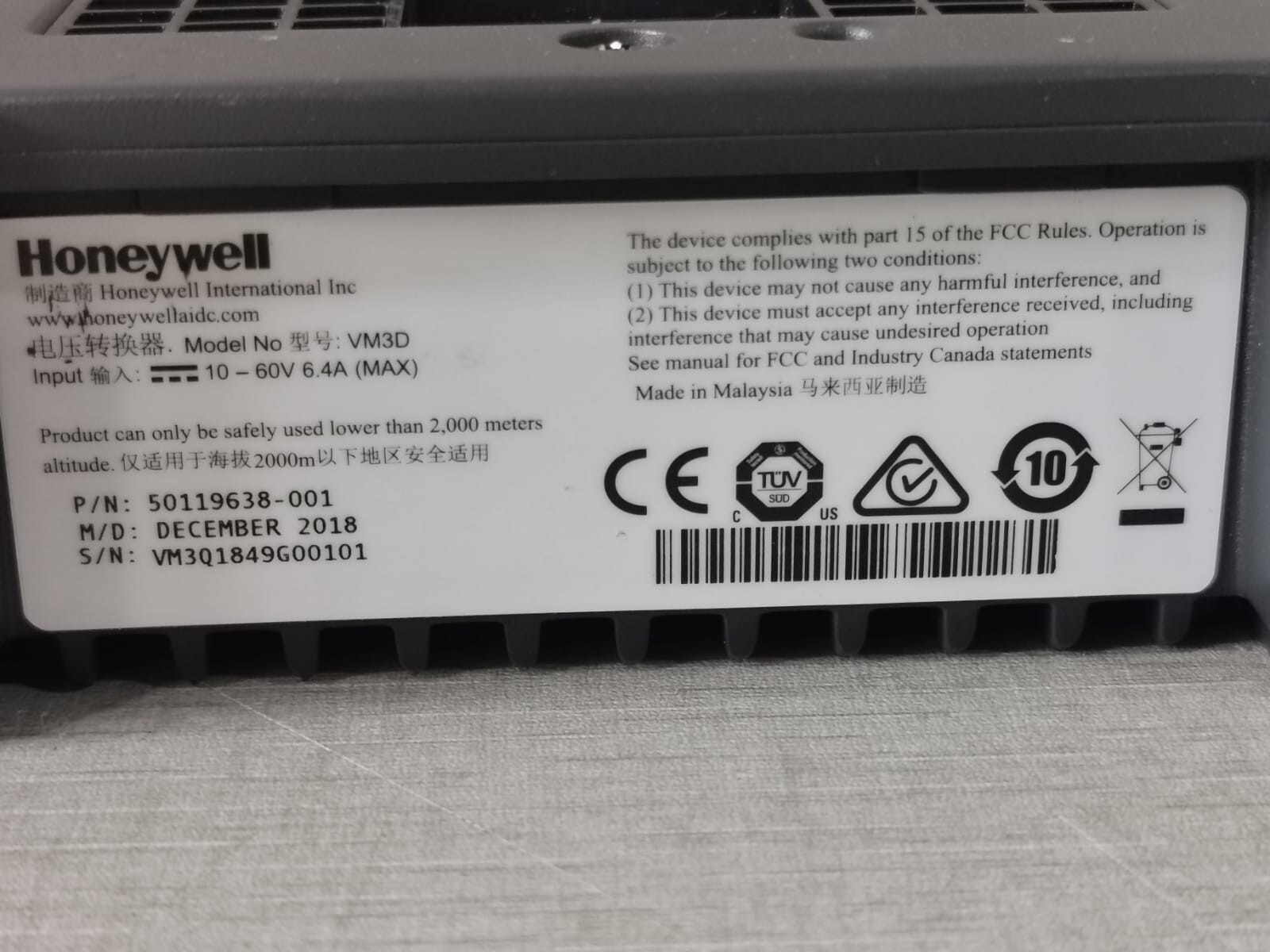Honeywell 50119638-001 HONEYWELL VM3D 50119638-001 DOCK WITH INTERNAL POWER SUPPLY 9
