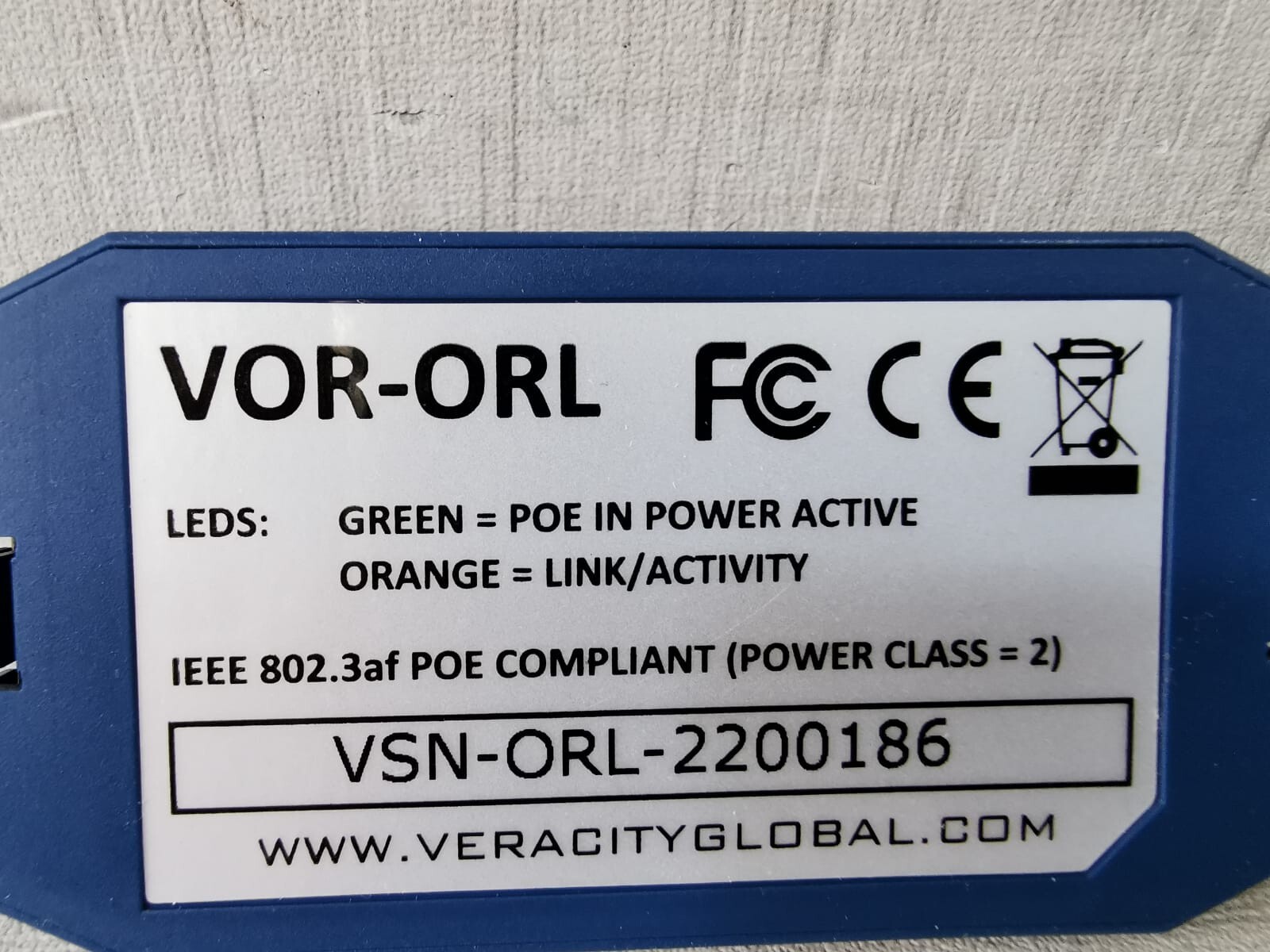 VERACITY VOR-ORL VERACITY VOR-ORL OUTREACH LITE ETHERNET RANGE EXTENDER 10/100 LAN POE 6