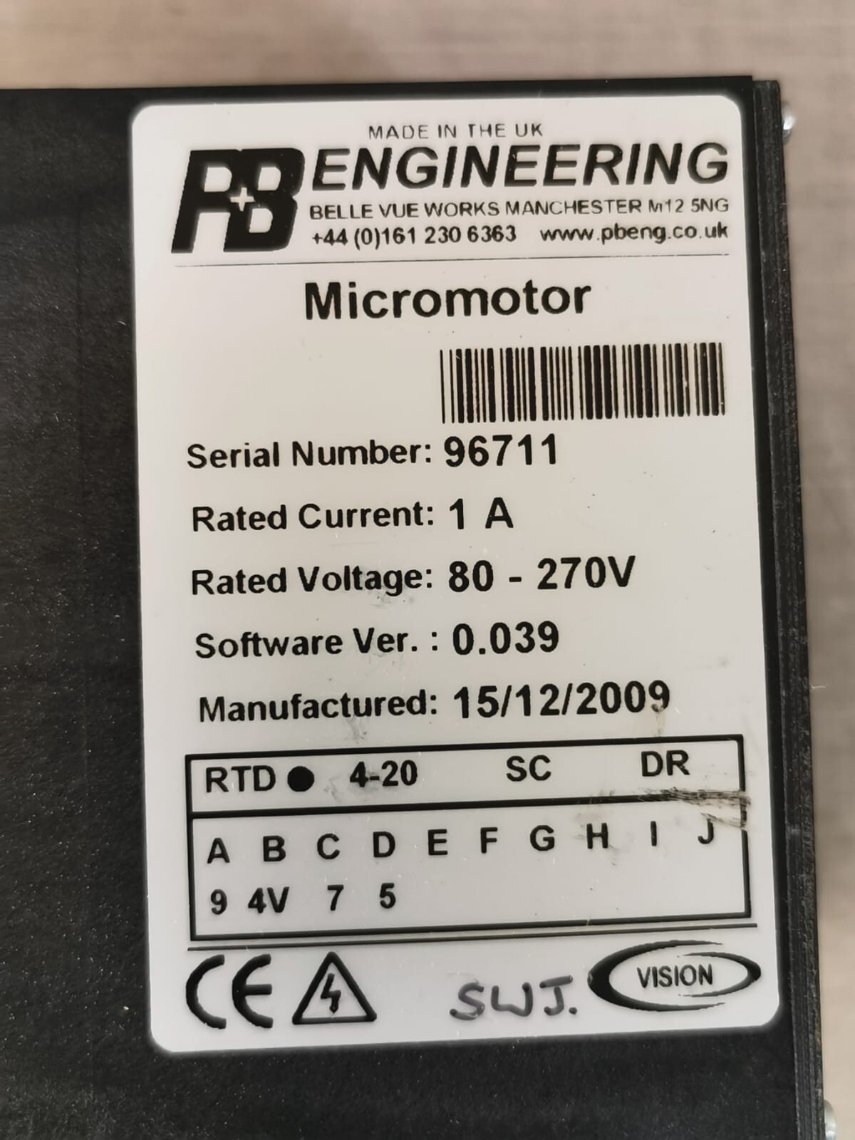 P+B ENGINEERING 0-039 P+B ENGINEERING PROTECTION RELAY VISION MICROMOTOR POWERD SOFTWARE VER: 0-039 4