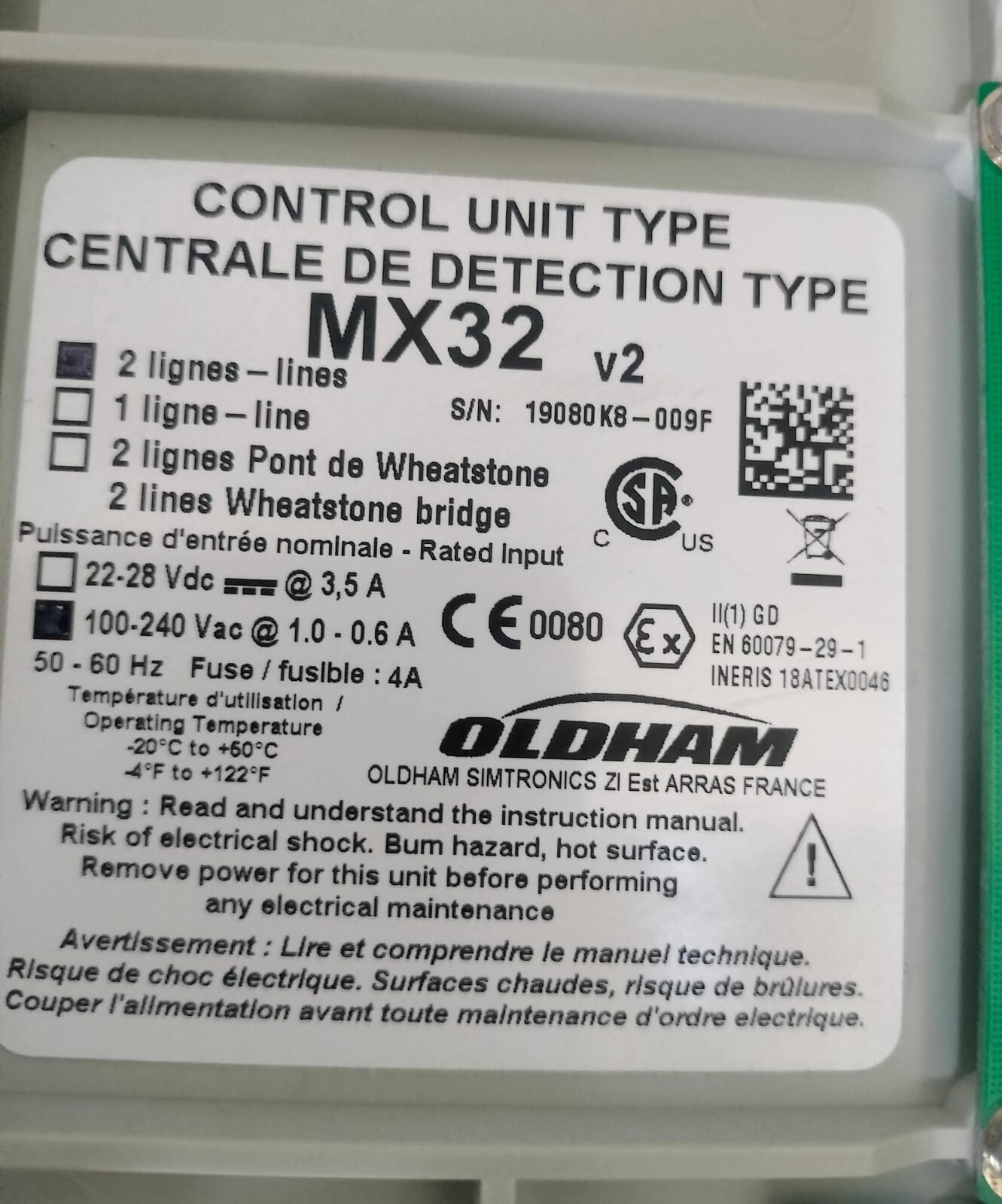 OLDHAM MX32 OLDHAM MX32 GAS CONTROL UNIT TYPE 100-240VAC 1.0-0.6A 50/60Hz 6