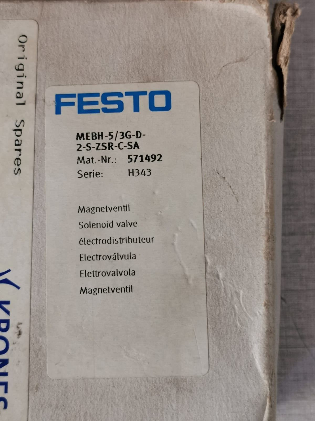 Festo VALVE-571492 FESTO MEBH-5/3G-D-2-S-ZSR-C-SA Solenoid Valve 571492 10