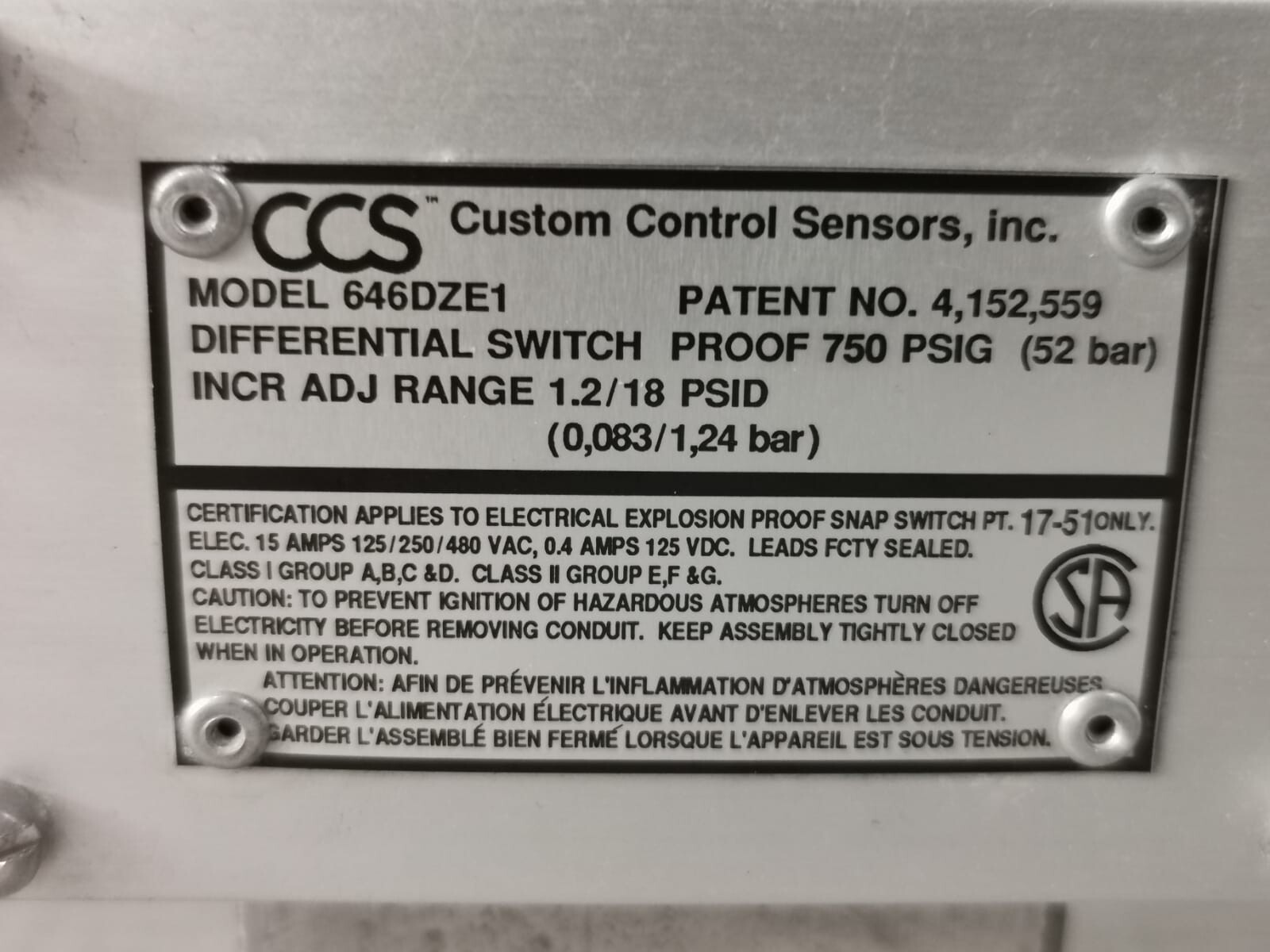 CCS PROOF-750 CCS 646DZE1 DIFFERENTIAL SWITCH PROOF 750 PSIG 52BAR 6