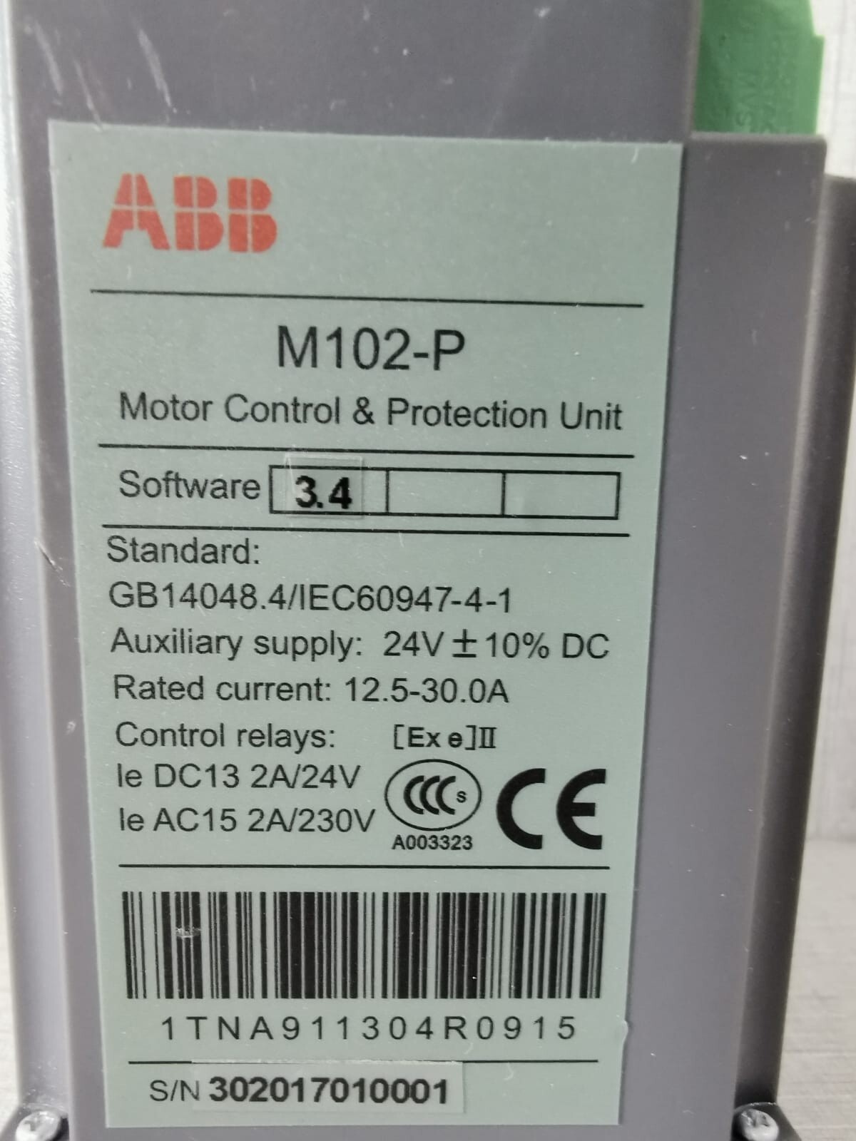 ABB 1TNA911304R0915 ABB M102-P MOTOR CONTROL & PROTECTION UNIT 1TNA911304R0915 SOFTWARE 3.4 2