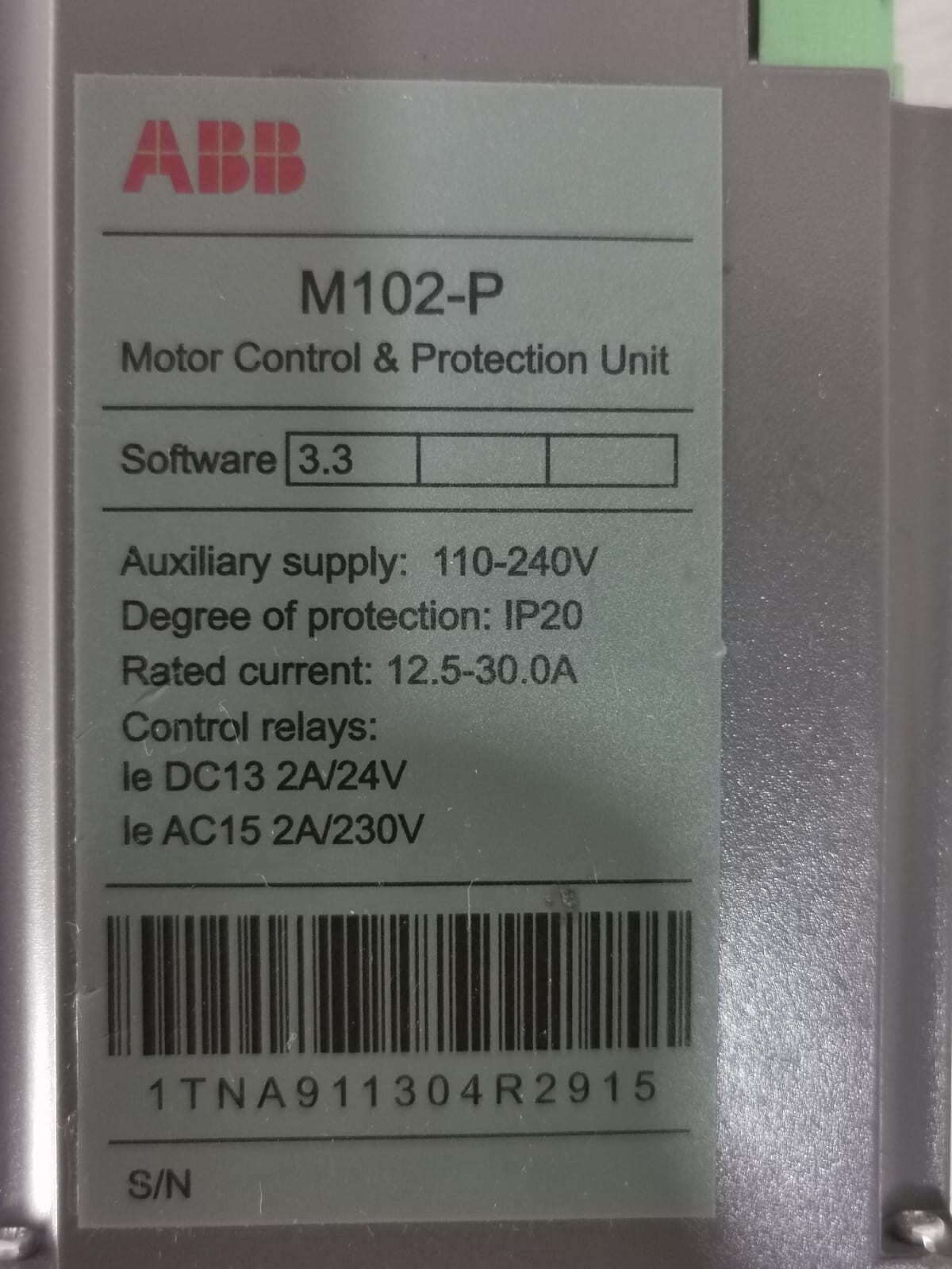 ABB M102-P ABB M102-P MOTOR CONTROL & PROTECTION UNIT 1TNA911304R2915 SOFTWARE 3.3 2