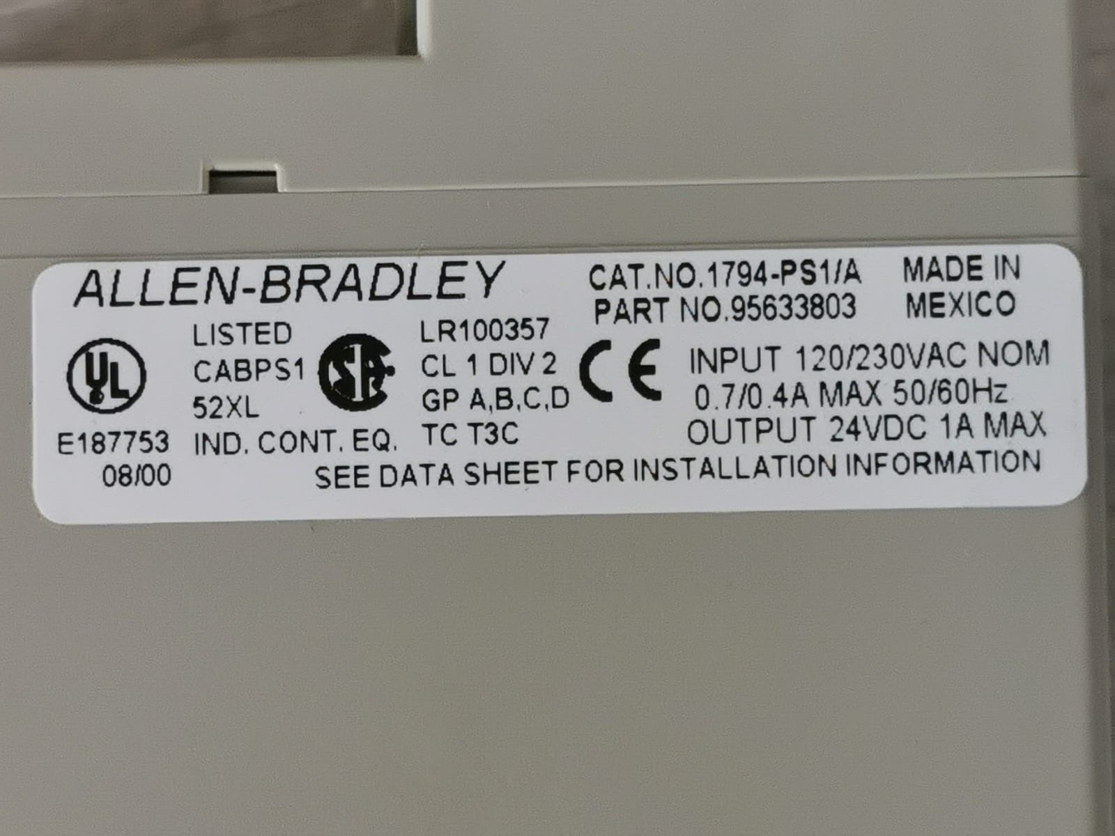 Rockwell Automation 1794-PS1 Allen Bradley 1794-PS1 Flex I/O Power Supply Series A P/n: 95633803 4