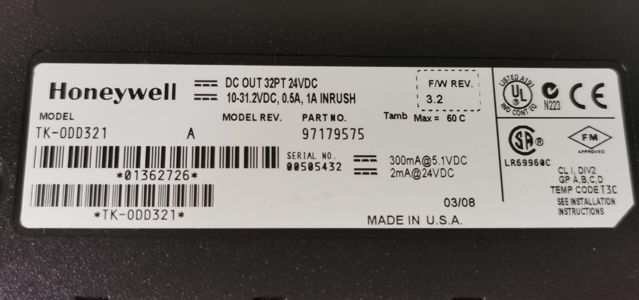 Honeywell TK-0DD321 HONEYWELL TK-0DD321 / 97179575 REV. A PLC INPUT 32PT 24VDC 8
