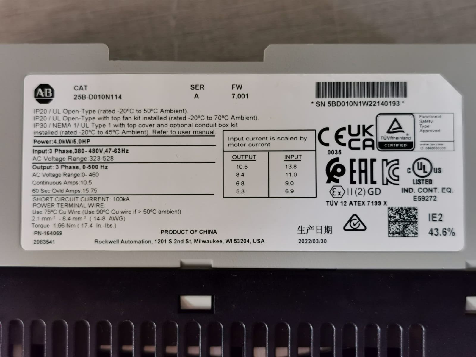 Rockwell Automation D010N114 ALLEN BRADLEY 25B-D010N114 POWERFLEX 525 P/n: 164069 4