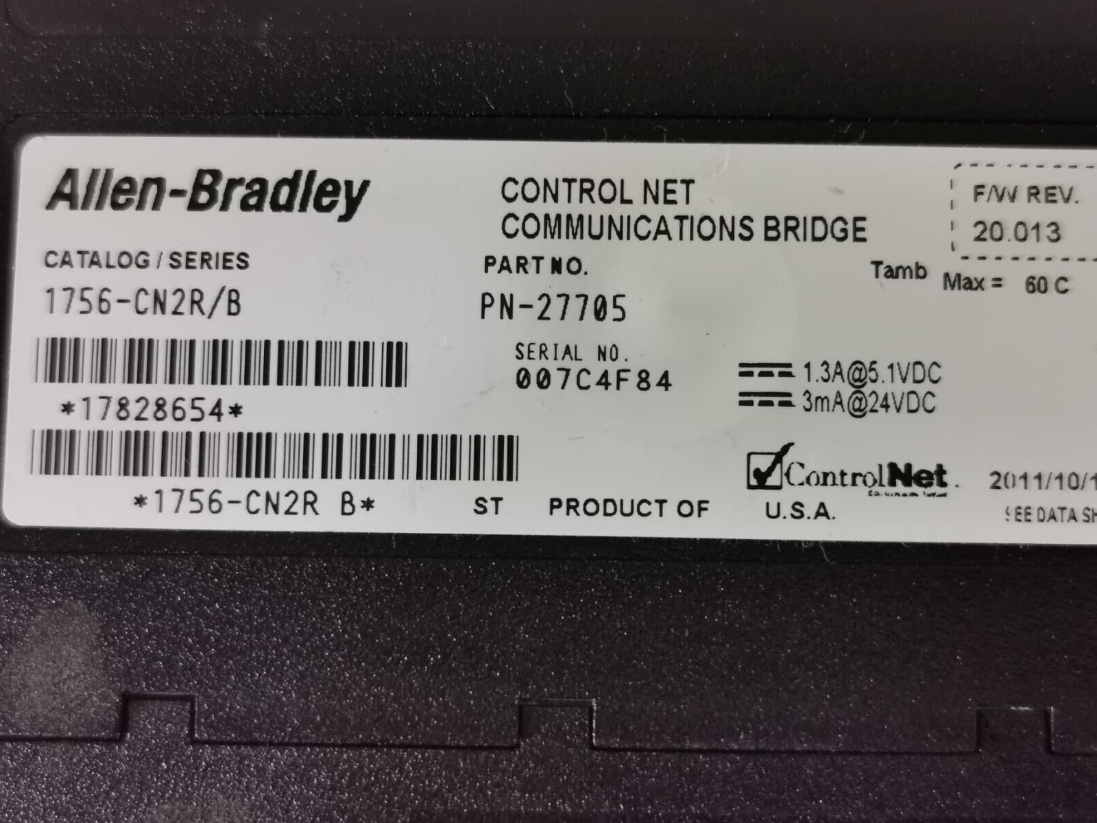 Allen-Bradley PN-27705 ALLEN BRADLEY 1756-CN2R/B PN-27705 F/W 20.013 CONTROLNET COMMUNICATION BRIDGE 7