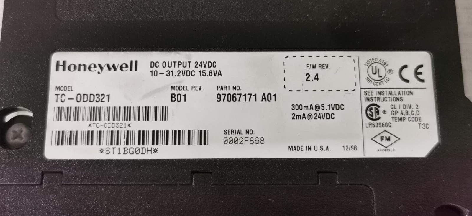 Honeywell TC-ODD321 REV.B01 F/W 2.4 HONEYWELL TC-ODD321 REV.B01 F/W 2.4 DC OUTPUT 24VDC 10-31.2VDC 15.6VA 6