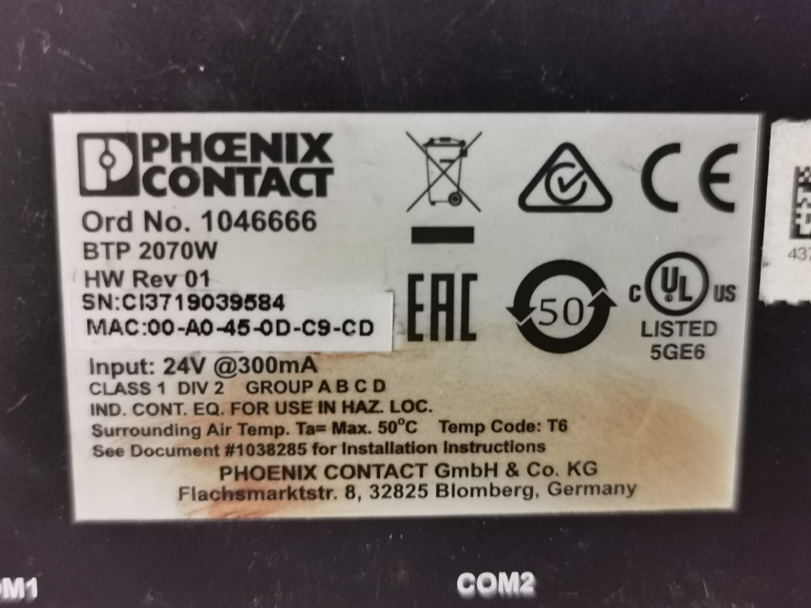 Phoenix Contact 1046666 PHOENIX CONTACT BTP 2070W REV 01 1046666 TOUCH SCREEN PANEL 5