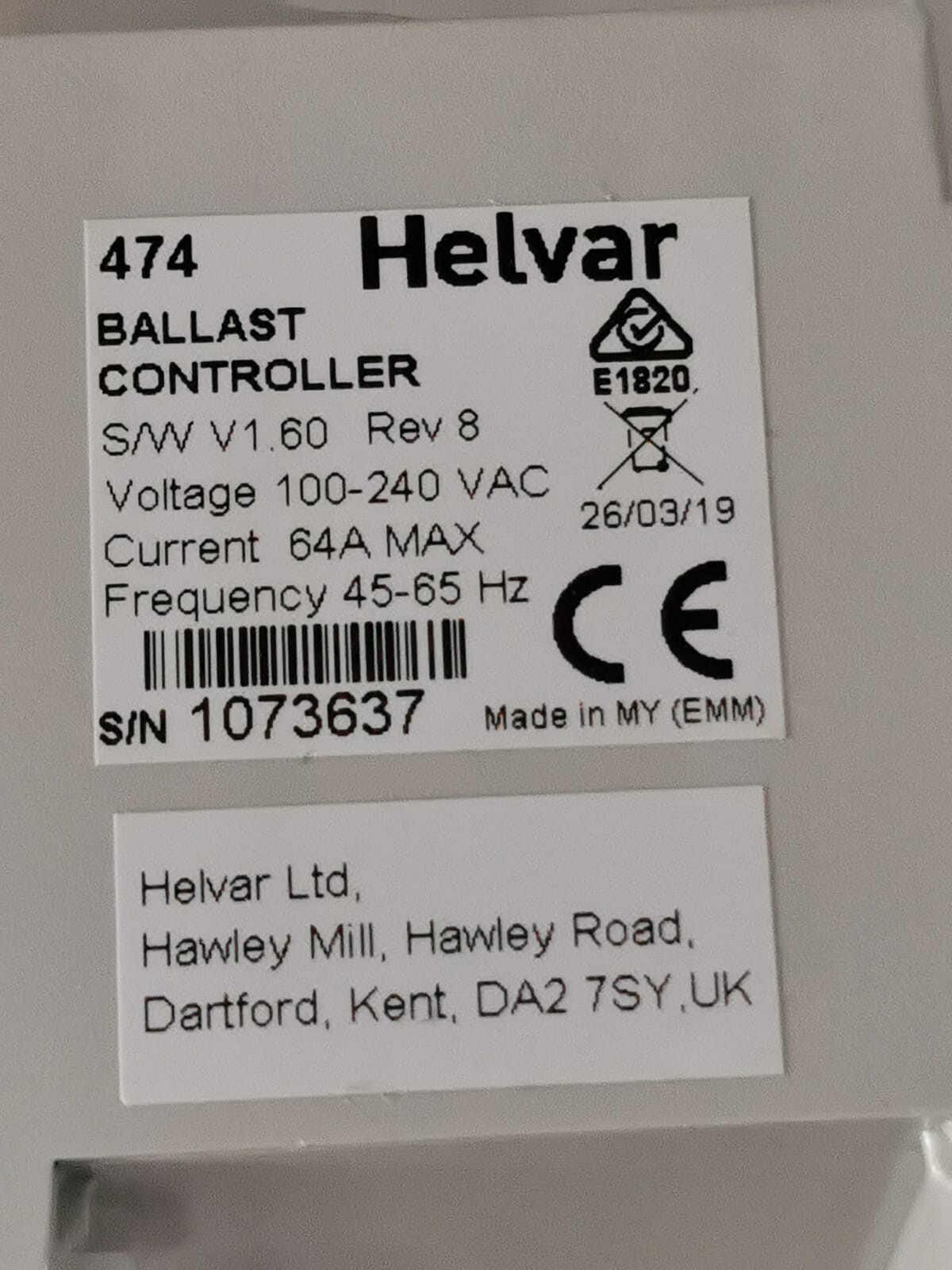 HELVAR HELVAR 474 HELVAR 474 BALLAST CONTROLLER S/W V1.60 REV.8 | 100-240VAC, 64A, 45-65Hz 2