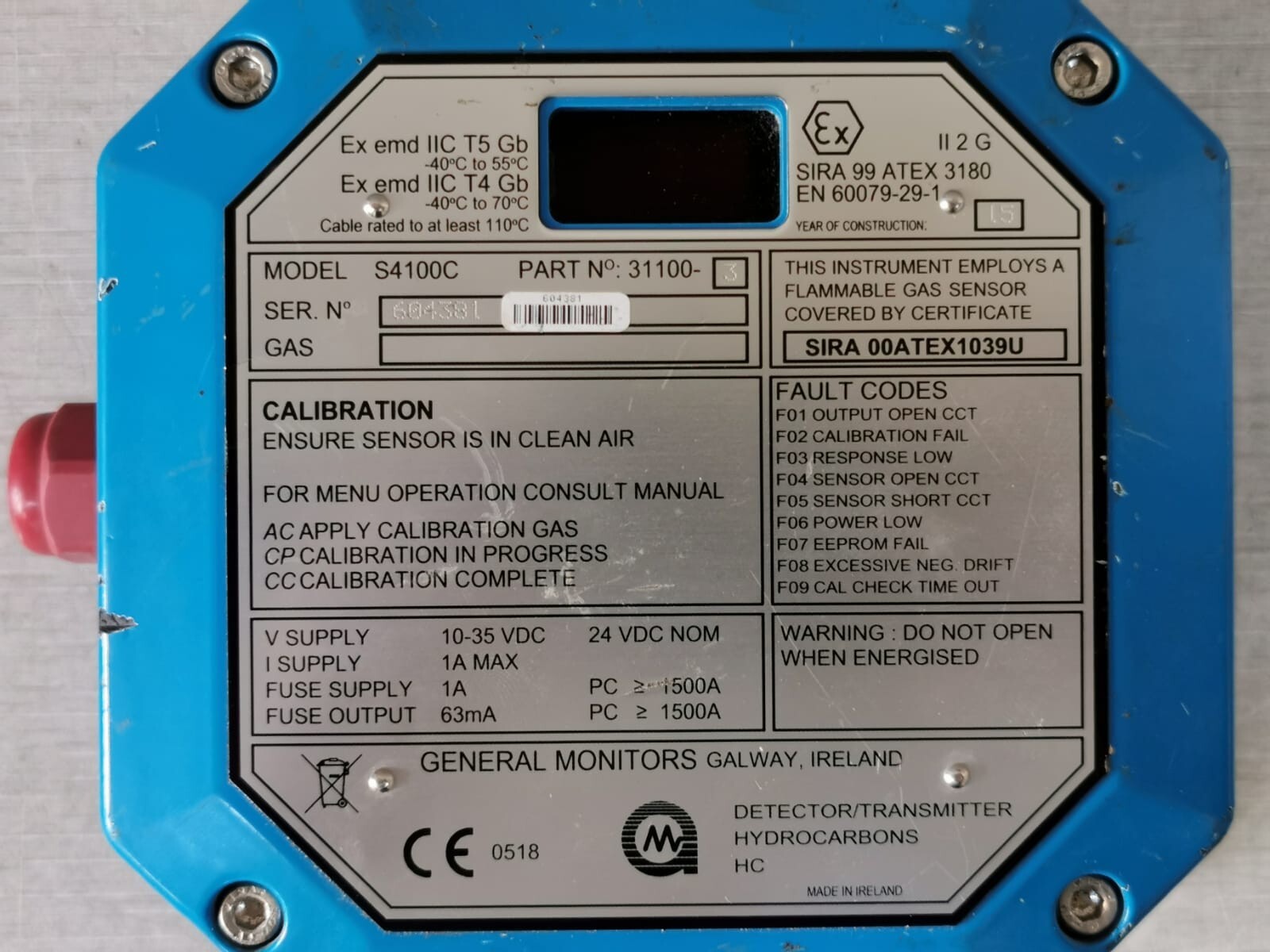 GENERAL MONITORS 31100-3 GENERAL MONITORS S4100 C DETECTOR/TRANSMITTER P/n: 31100-3 3