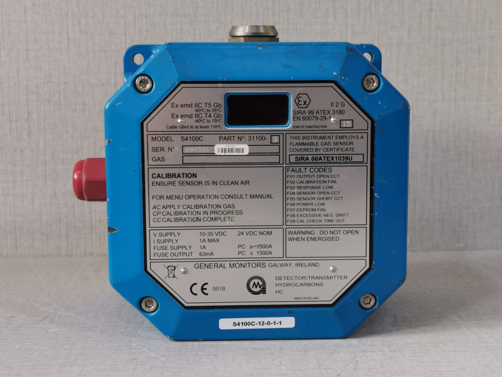 GENERAL MONITORS S4100 C DETECTOR/TRANSMITTER P/n: 31100-3
