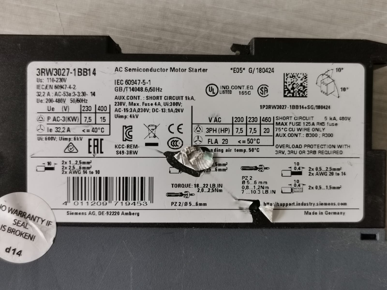 Siemens 3RW3027-1BB14 SIEMENS 3RW3027-1BB14 SIRIUS AC SEMICONDUCTOR MOTOR STARTER - WITH DENTS 4
