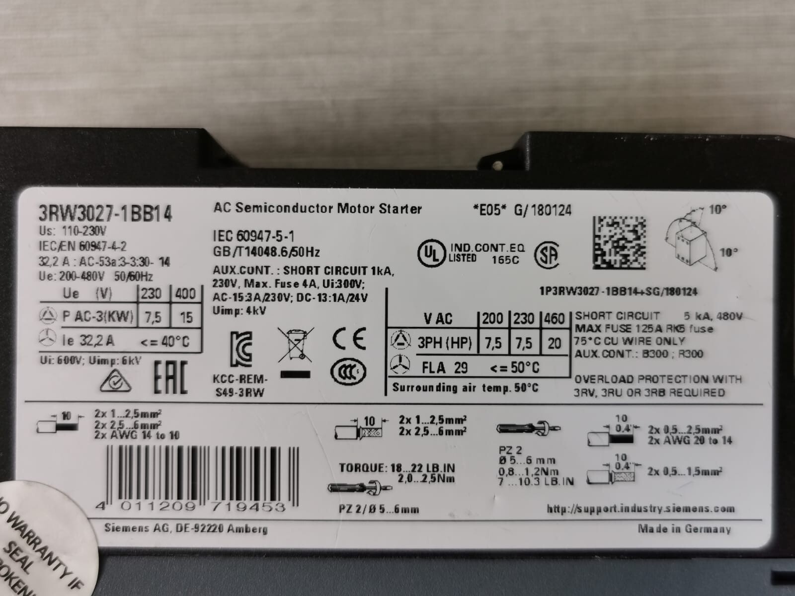 Siemens 3RW3027-1BB14 SIEMENS 3RW3027-1BB14 SIRIUS AC SEMICONDUCTOR MOTOR STARTER 6