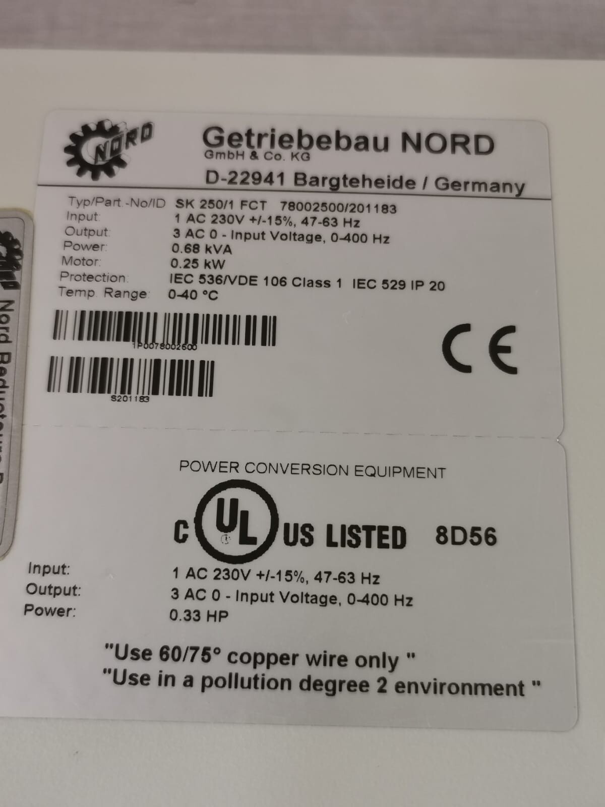 NORD 78002500/201183 NORD NORDAC VECTOR MC SK 250/1 FCT 78002500/201183 FREQ. CONVERTER 10