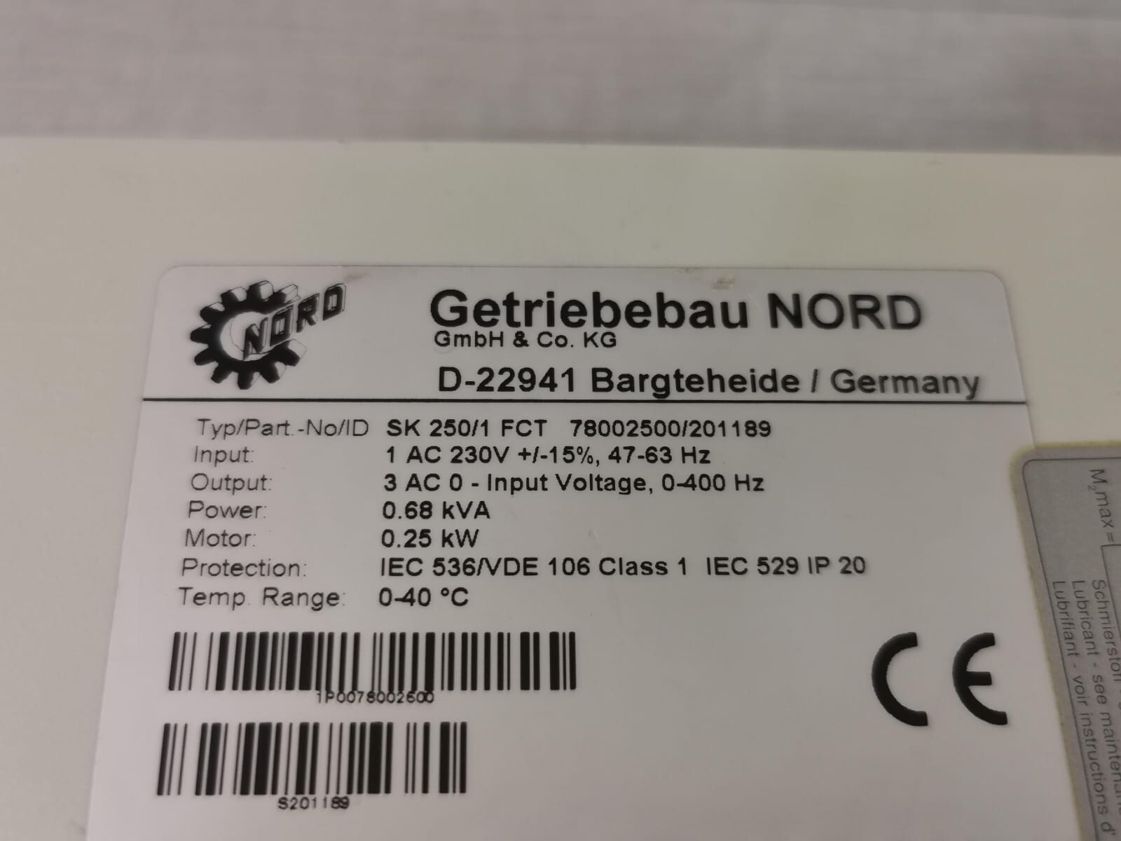 NORD 78002500/201189 NORD NORDAC VECTOR MC SK 250/1 FCT 78002500/201189 FREQ. CONVERTER 8
