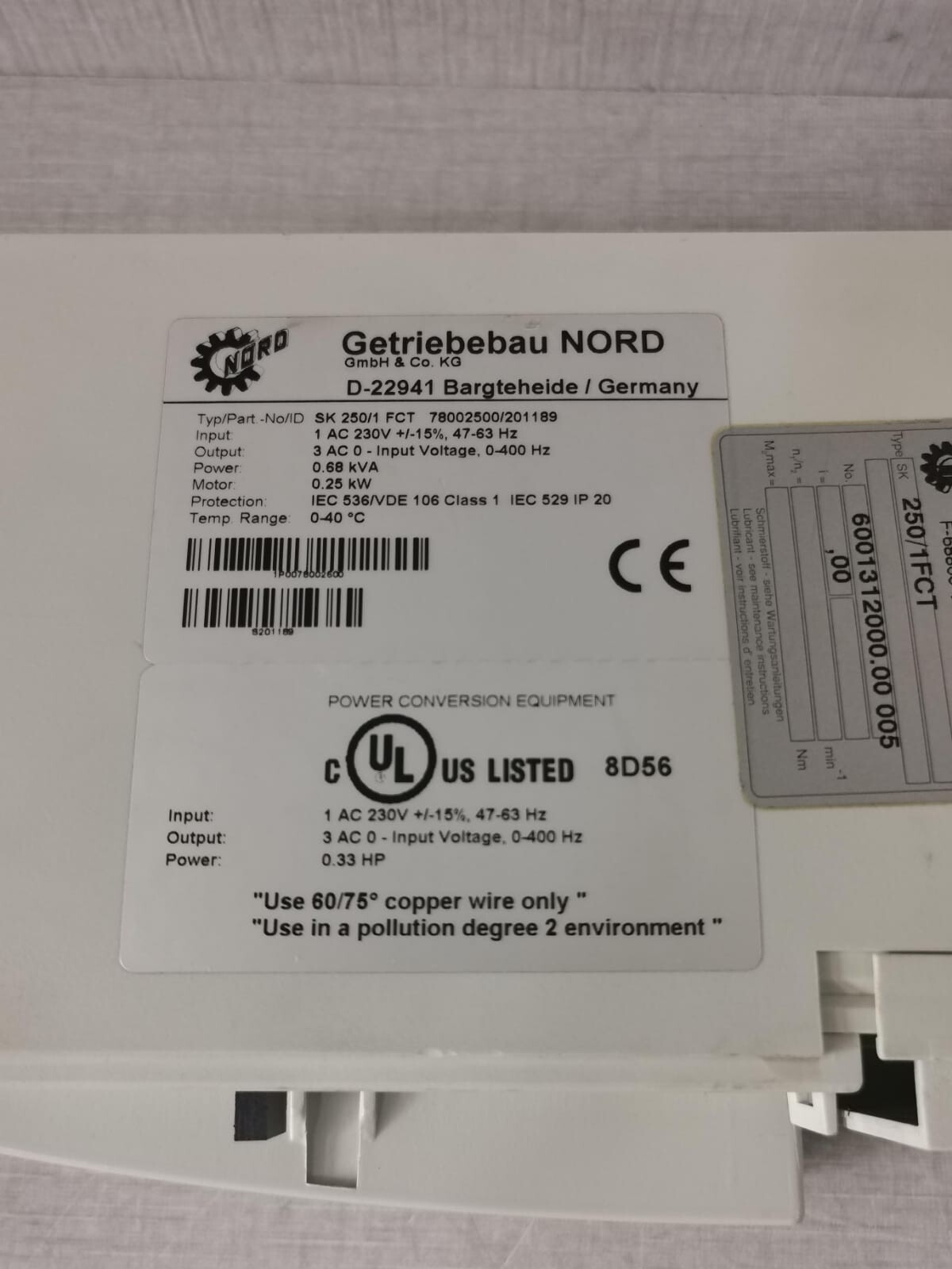 NORD 78002500/201189 NORD NORDAC VECTOR MC SK 250/1 FCT 78002500/201189 FREQ. CONVERTER 10