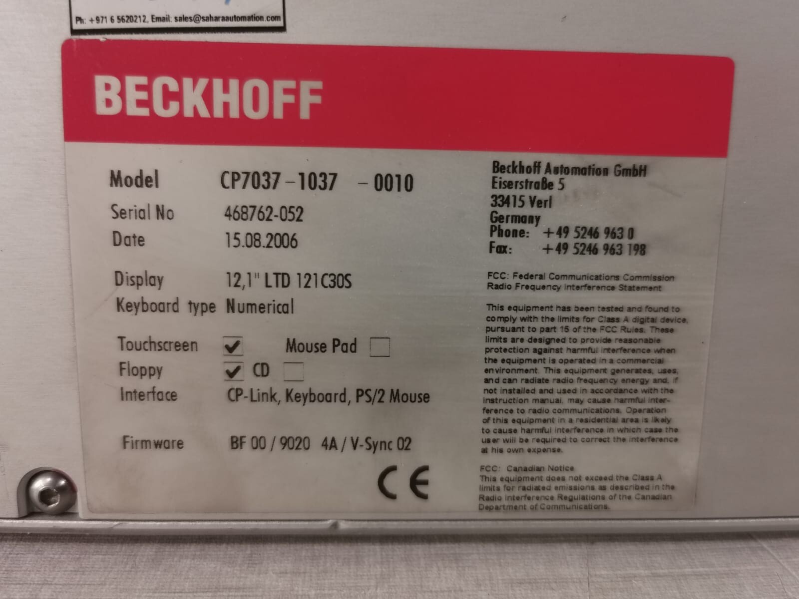 Beckhoff CP7037-1037-0010 BECKHOFF CP7037-1037-0010 OPERATOR INTERFACE TOUCHSCREEN 8