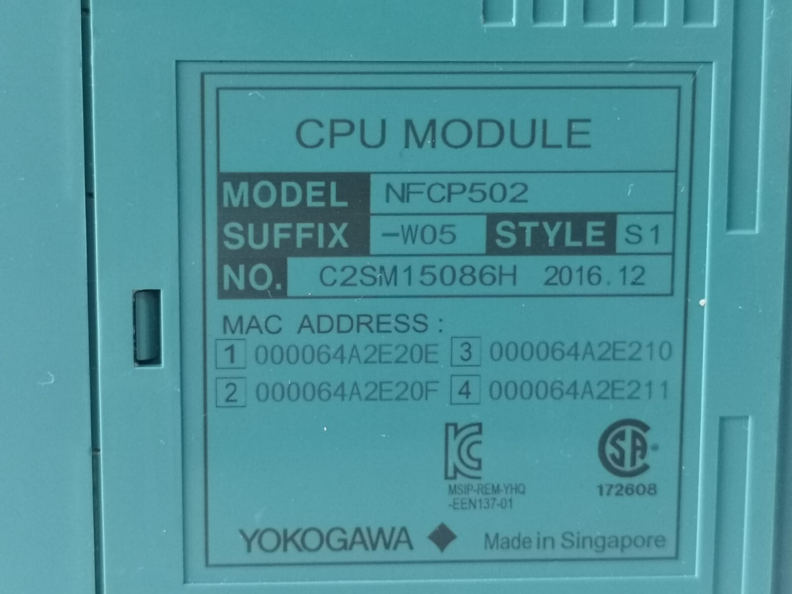Yokogawa NFCP502-W05 S1 YOKOGAWA NFCP502-W05 S1 CPU MODULE - & Missing Front Cover 5